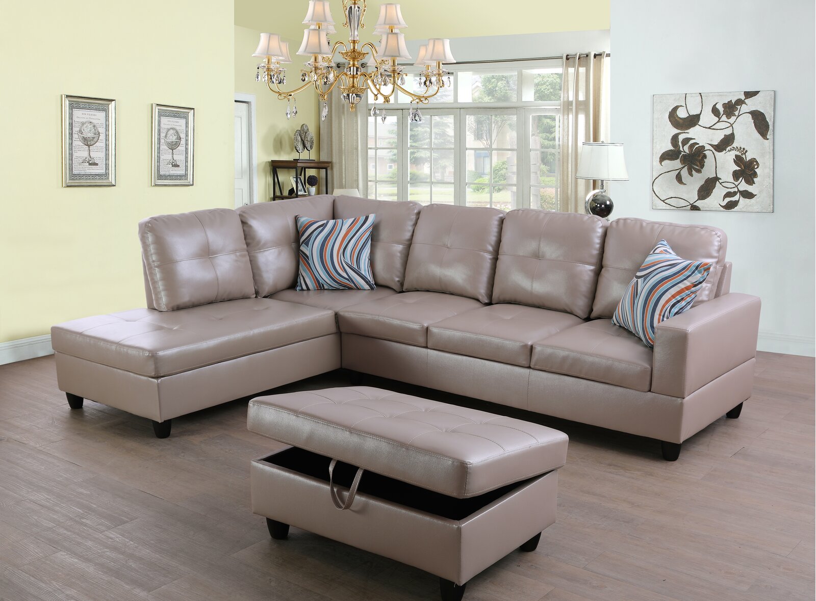 Wilhelmine 103.5′′ Wide Faux Leather Sofa & Chaise With Ottoman