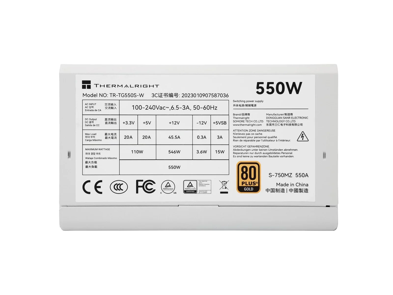 Thermalright TR-TG 550S-W Hvid - PSU. 80+ Gold. 550W. non-modular