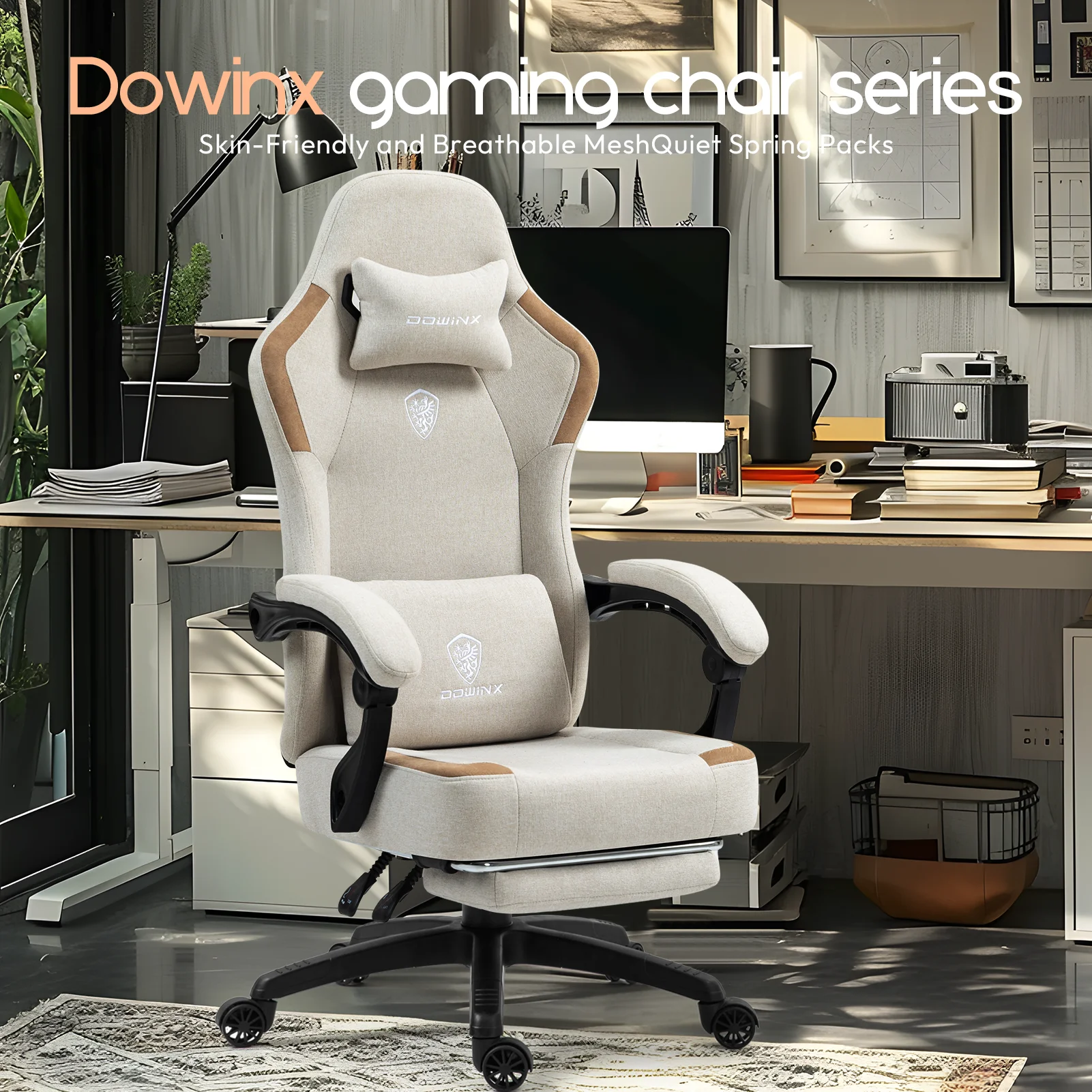 GOOSEA Fabric Gaming Chair with Pocket Spring Cushion, Breathable Computer Chair with Massage Lumbar Support and Footrest, High Back Office Chair for Adults, 300lbs, Grey