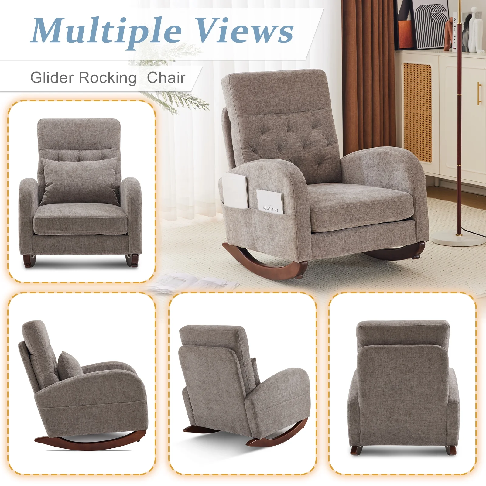 Ktaxon Rocking Accent Chair Glider Reading Chair Comfy Teddy Velvet Upholstered Single Sofa Rocker for Living Room, Nursery, Bedroom Beige