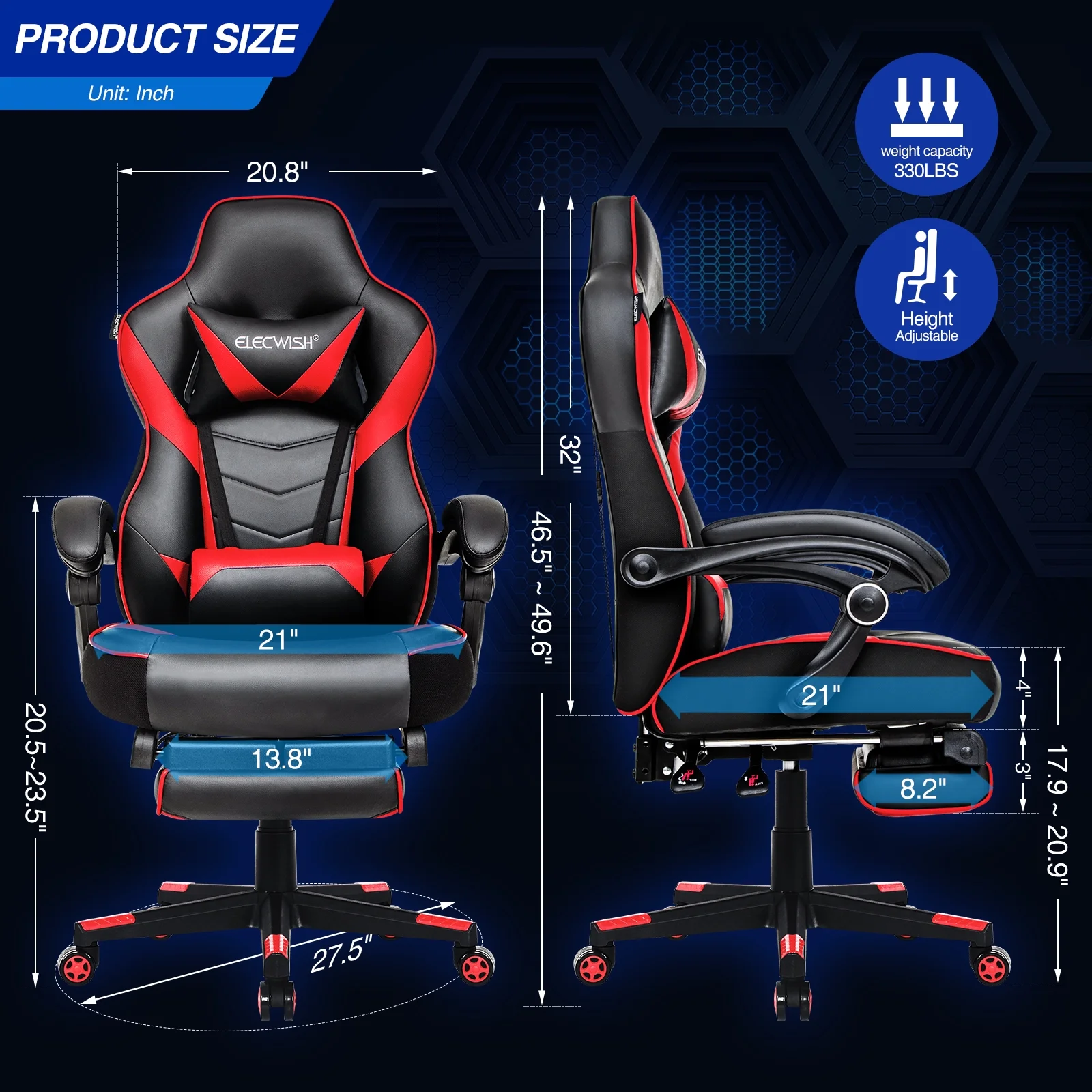 Elecwish Adjustable & Ergonomic Swivel Gaming Chair, White