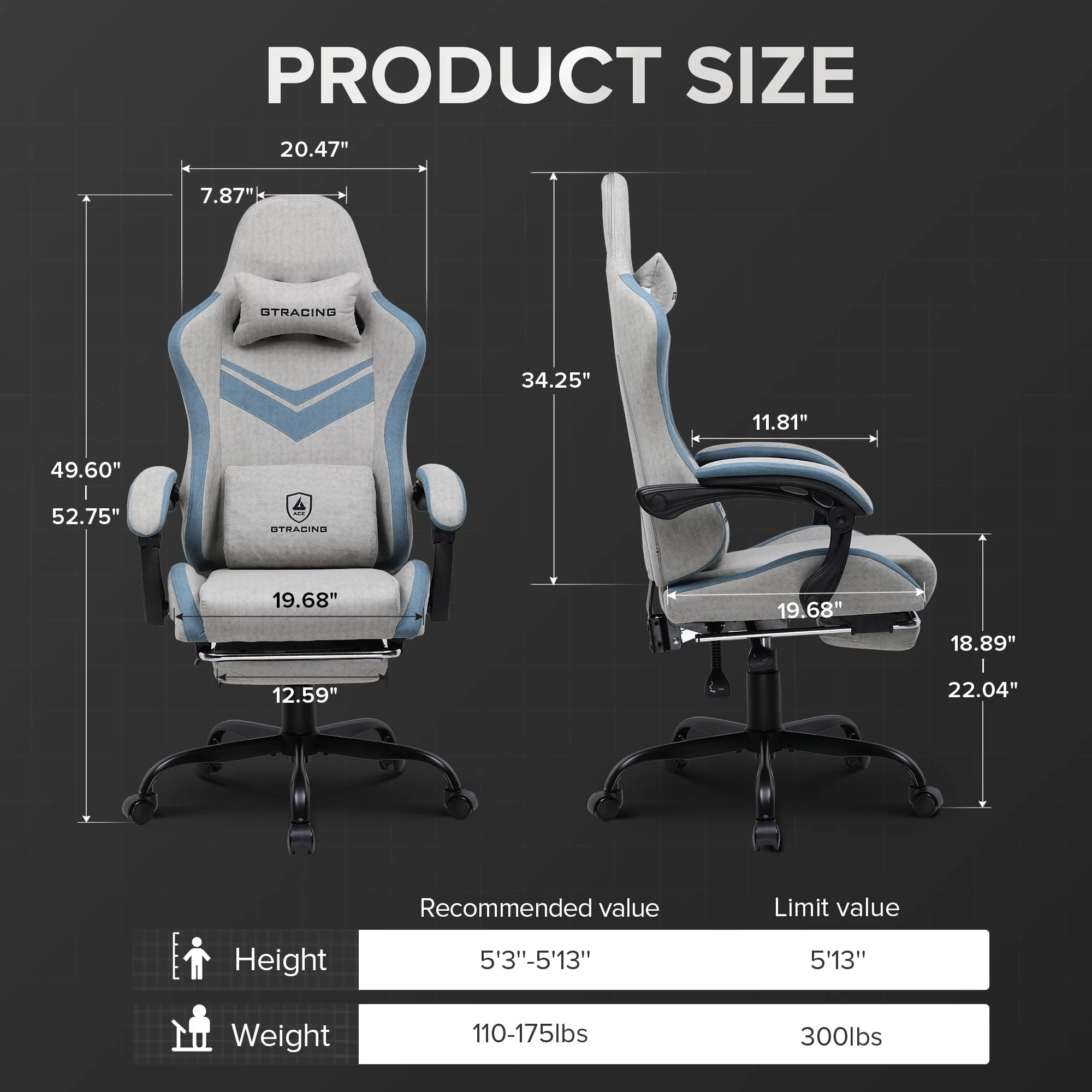 GTRACING Ergonimic Fabric Reclining Gaming Chair with Footrest and Linkage Armrests, Gray