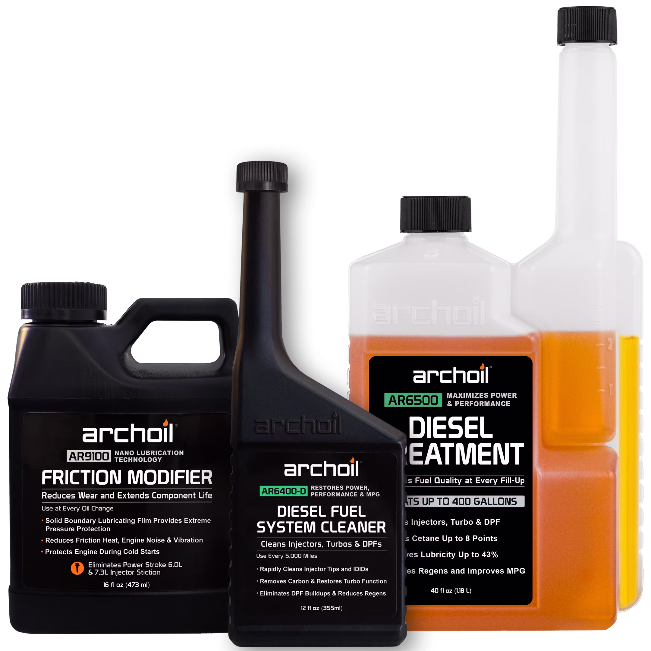 Archoil Ultimate Diesel Kit - AR9100 Friction Modifier (16oz) + AR6500 Diesel Treatment (40oz) + AR6400-D Diesel Fuel System Cleaner (12oz)