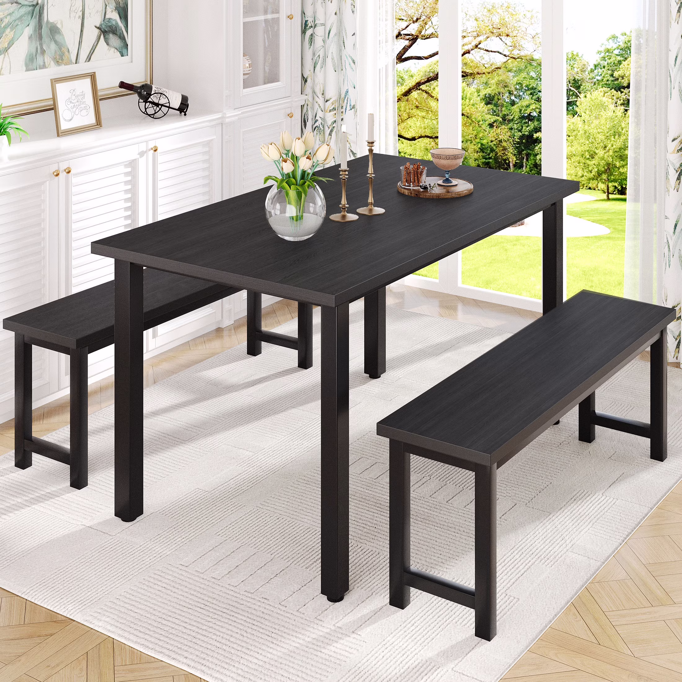 UHOMEPRO Dining Room Table Set, 3-Piece Dining Table Set with 2 Benches, Kitchen Table Set for 4 with Metal Frame, Modern Dining Room Set Furniture Set for Bar Dining Room Breakfast Nook, Black