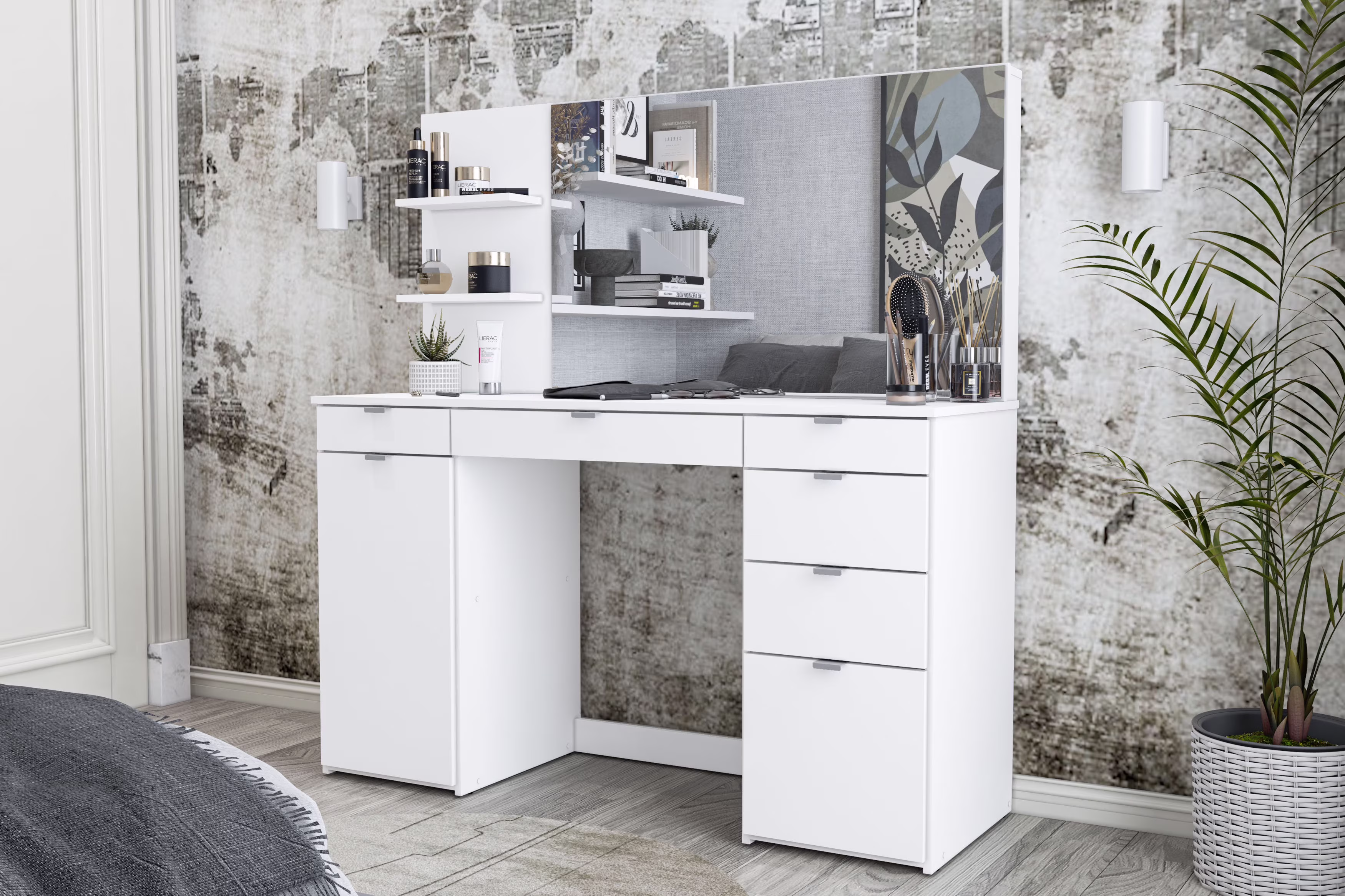 Polifurniture Amelia Modern Makeup Vanity Table with Mirror, White Finish