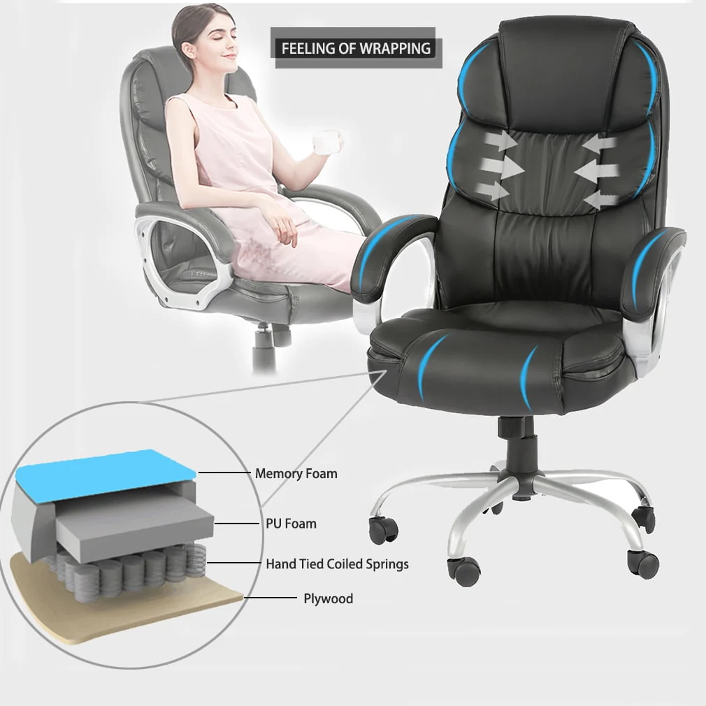 BestOffice Ergonomic Executive High Back PU Leather Office Gaming Massage Chair with Lumbar Support Headrest Armrest Swivel, Metal Base