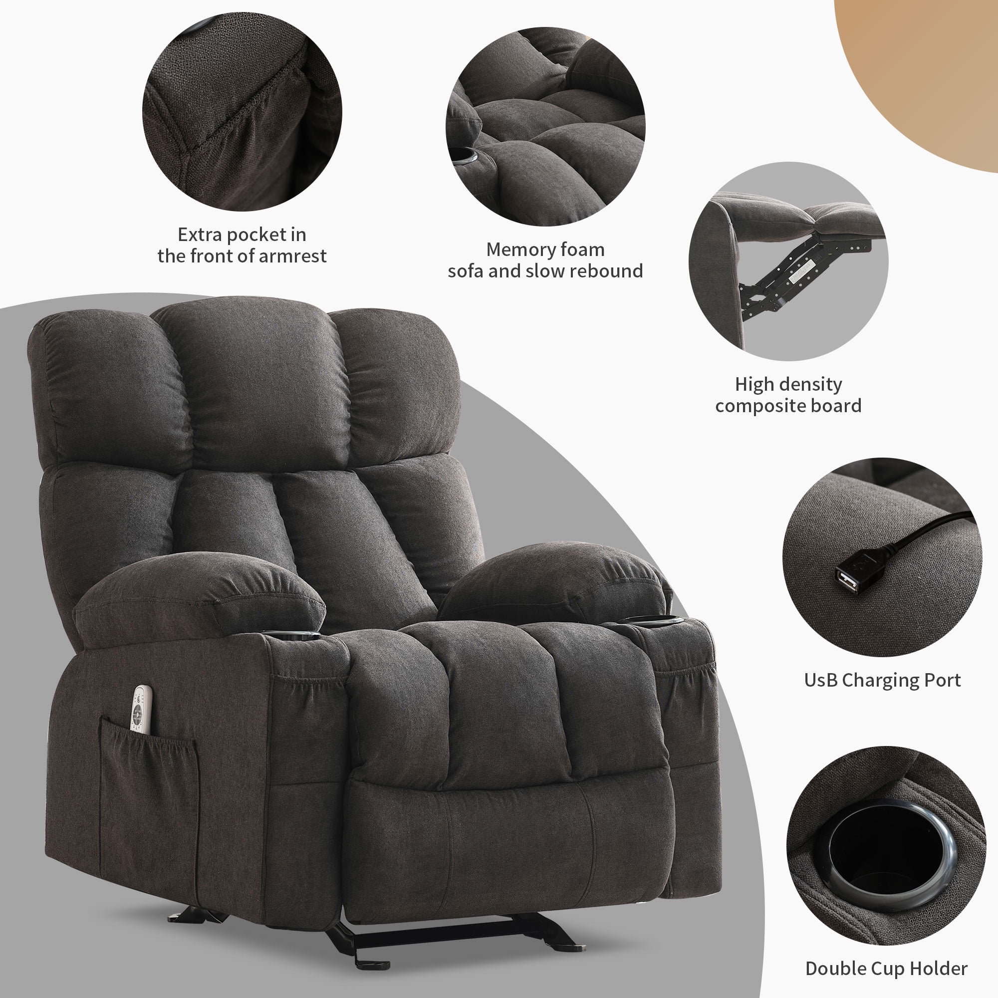 JONPONY Manual Recliner Chair with Heat Therapy and Massage Function, Heavy Duty Reclining Mechanism Massage Chair, Elderly Single Rocker Sofa with Cup Holders for Bedroom Home Theater,Grey