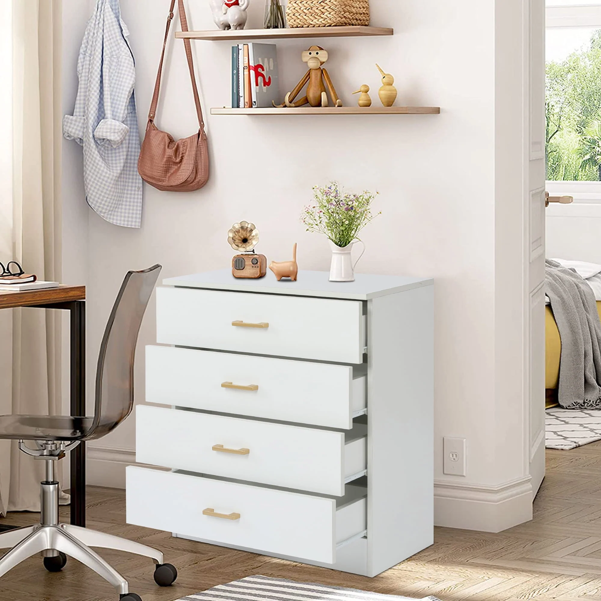 SESSLIFE Dresser for Bedroom, Wood 4 Drawer Dresser Storage Drawer, White Living Room Hallway Closets Drawer Chest, TE3079