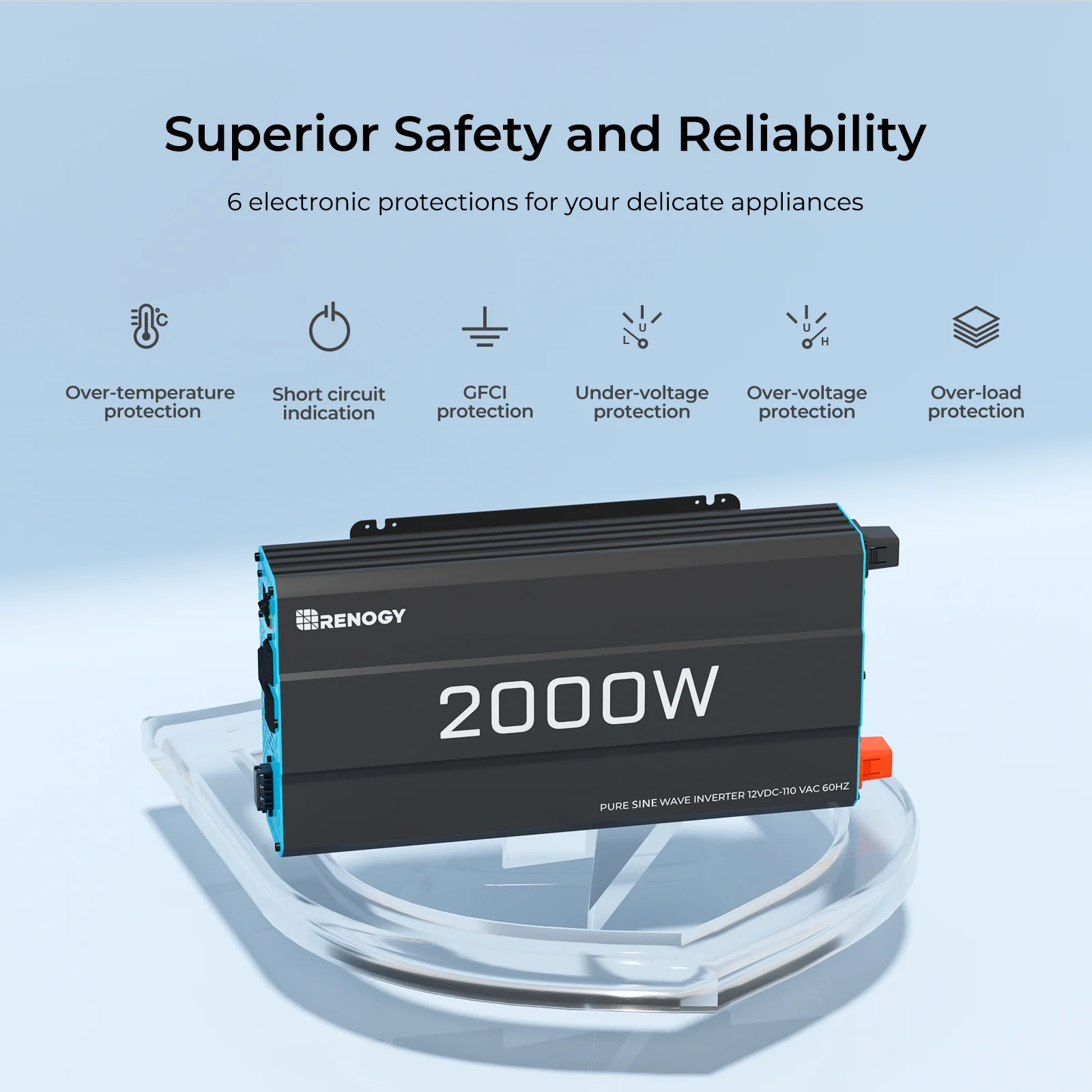 Renogy 2000W Pure Sine Wave Inverter, Power Inverter DC 12V to AC 120V, Built-in 5V/2.1A USB / Hardwire Port, Remote Controller