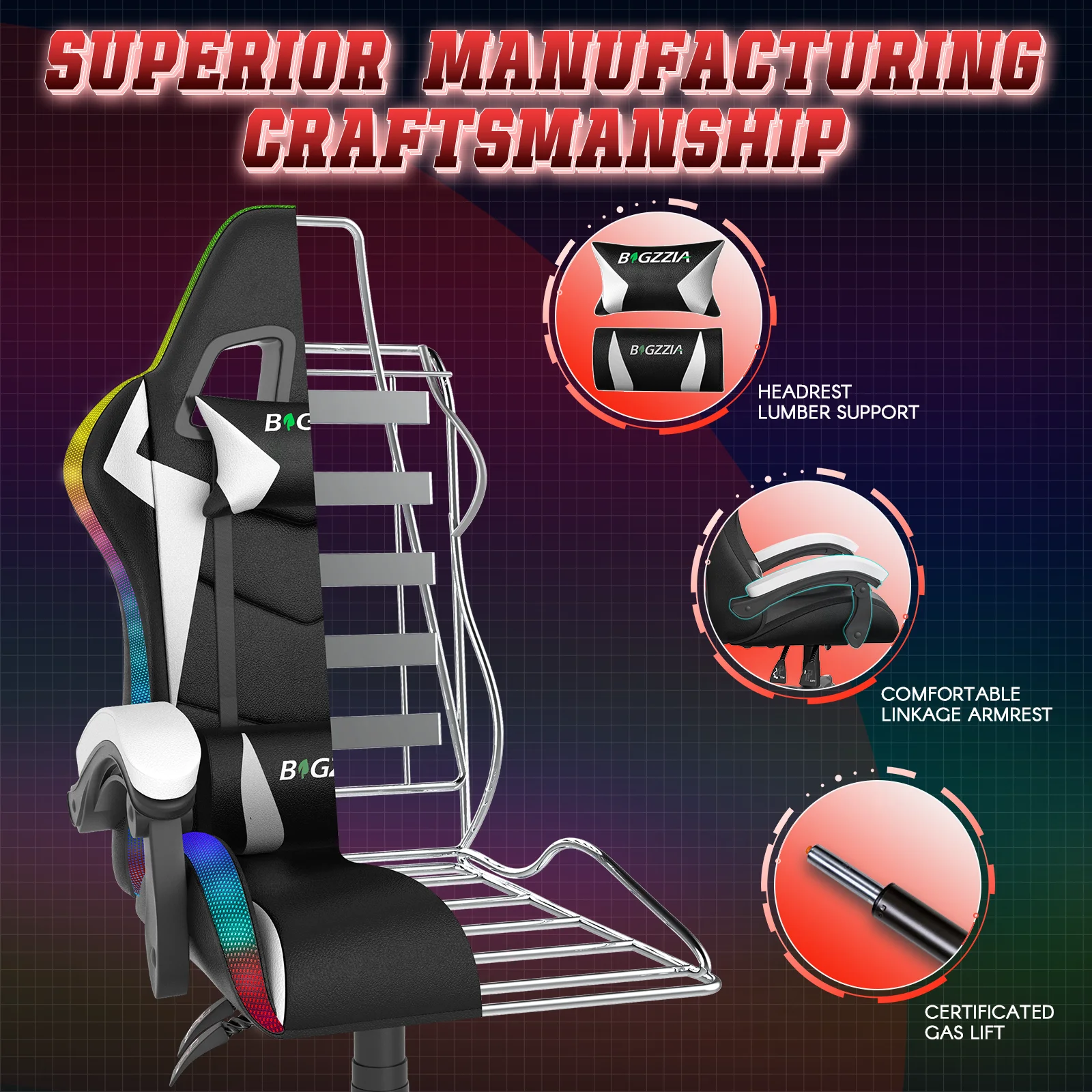 Bigzzia Gaming Chair with LED Lights Ergonomic Office Chair for Adults and Kids - Adjustable Height, 360�� Swivel, Headrest Support, Mesh PU Leather, Black & Green