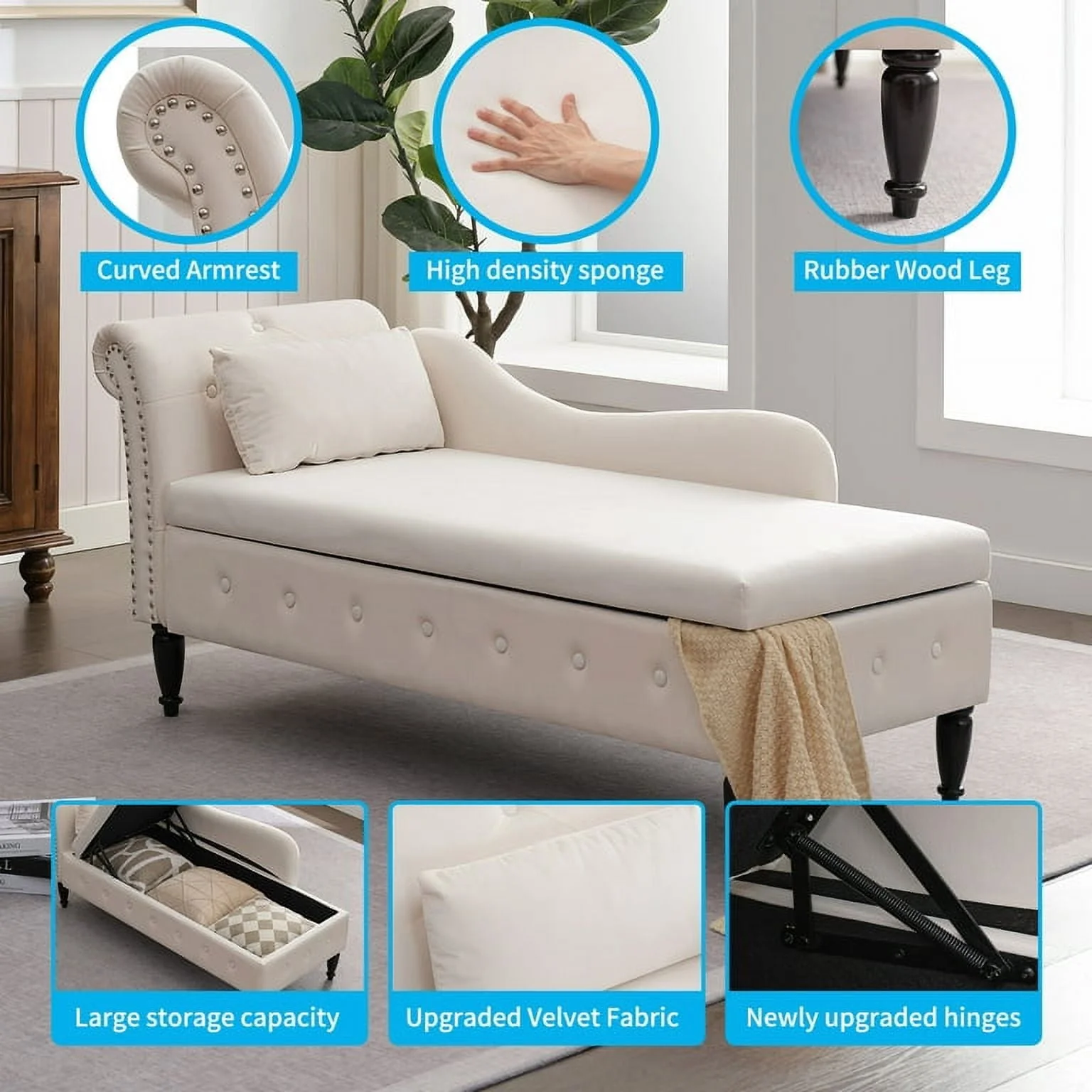 MUZZ Modern Velvet Chaise Lounge Indoor Chair,Tufted Long Lounge with Pillow for Living Room/Bedroom/Office（Beige)