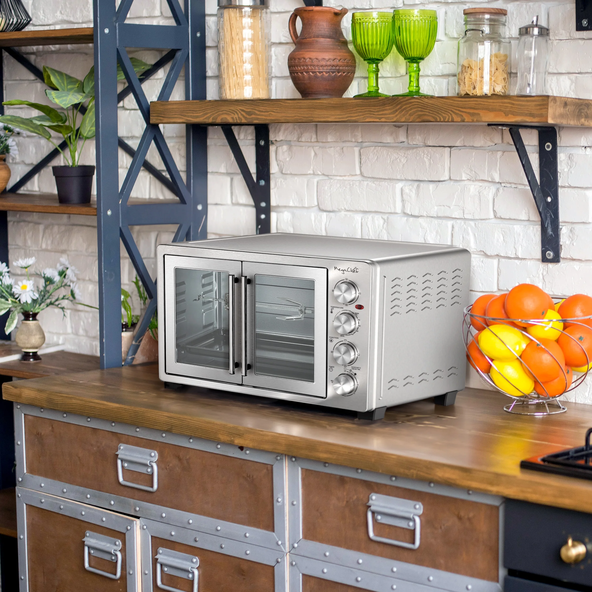 MegaChef 45 Quart Electric French Door Rotisserie Convection Counter Top Oven