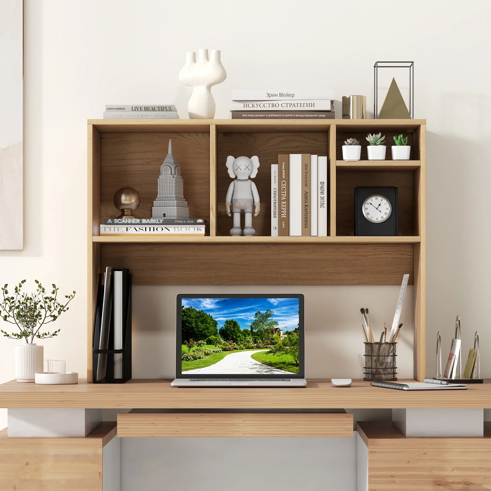 Giantex Desk Hutch, 2-Tier Desktop Organizer Shelf for Computer Desk, Wide Wooden Table Top Bookshelf, Countertop Storage Rack, White