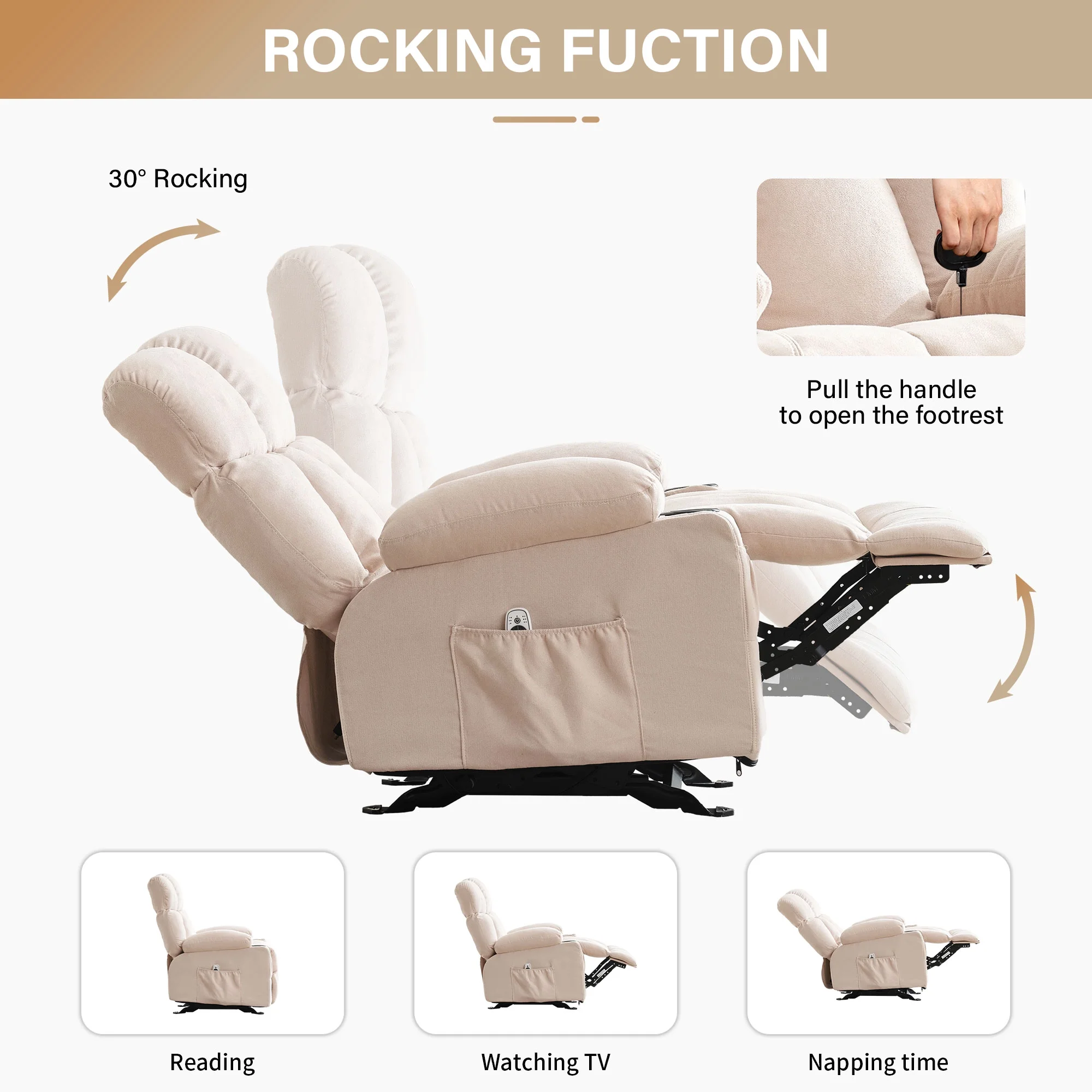 JONPONY Manual Recliner Chair with Heat Therapy and Massage Function, Heavy Duty Reclining Mechanism Massage Chair, Elderly Single Rocker Sofa with Cup Holders for Bedroom Home Theater,Grey