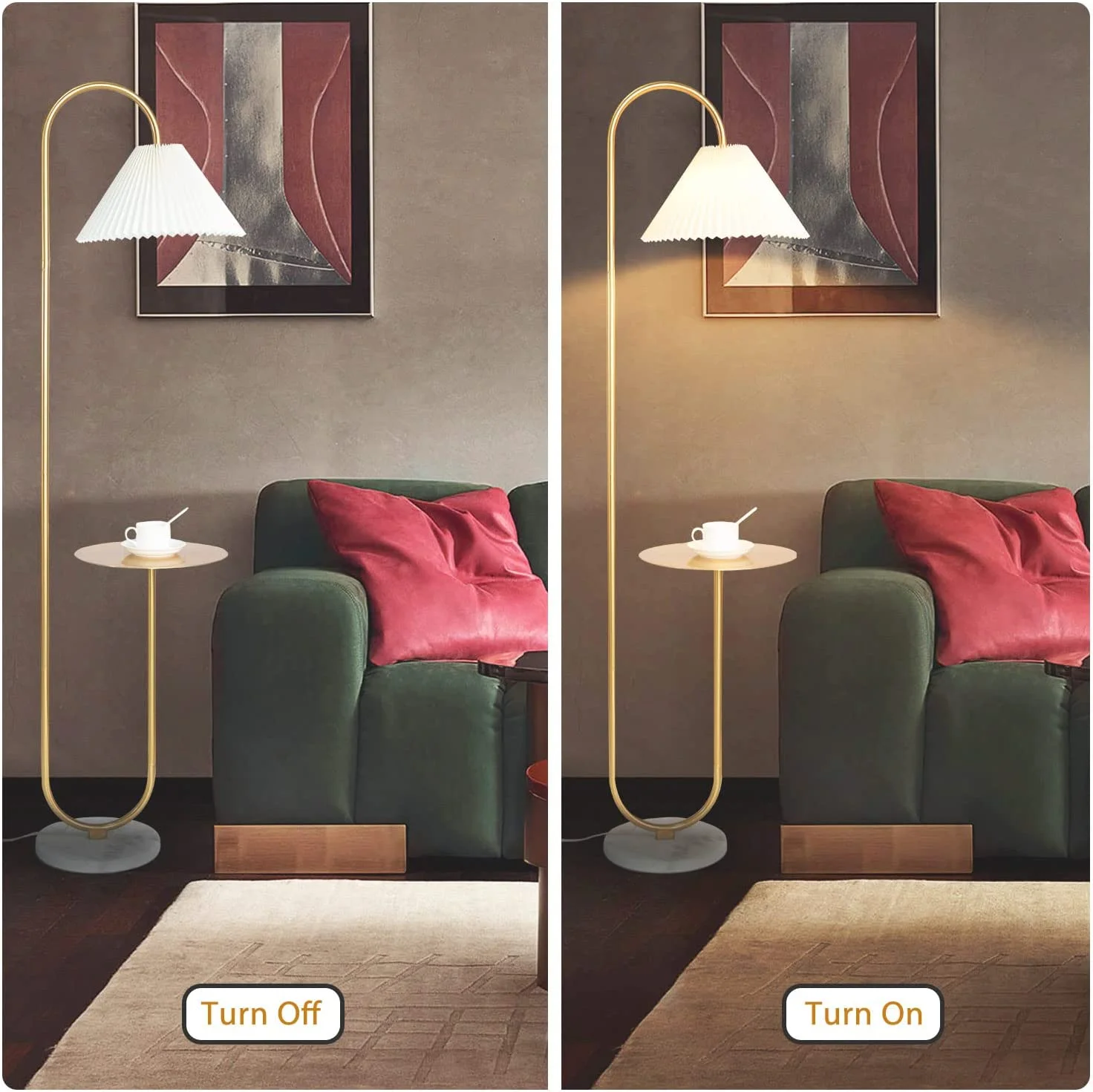 Modern Elegant with Tray Floor Lamp for Office Cafe Den Living Room Bedroom, Foot Switch and Brass/Gold Finish,Light Yellow Pleated Cloth Lampshade