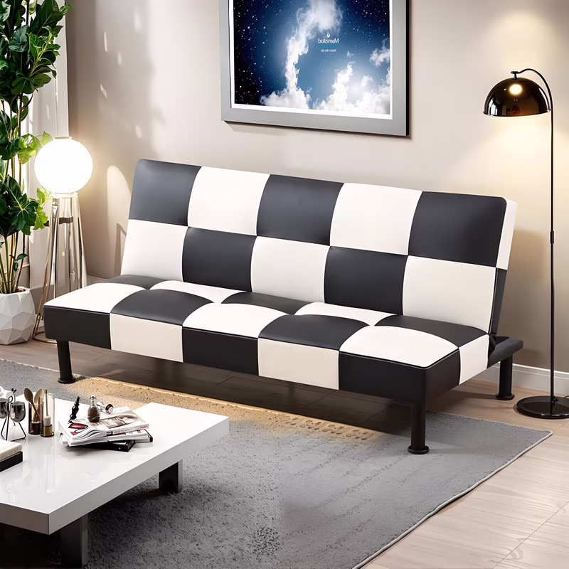 Couches for Living Room Upholstered Convertible Folding Futon Sofa Bed Modern Small Faux Leather Sleeper Sofa Love Seat for Bedroom, Apartment, Black