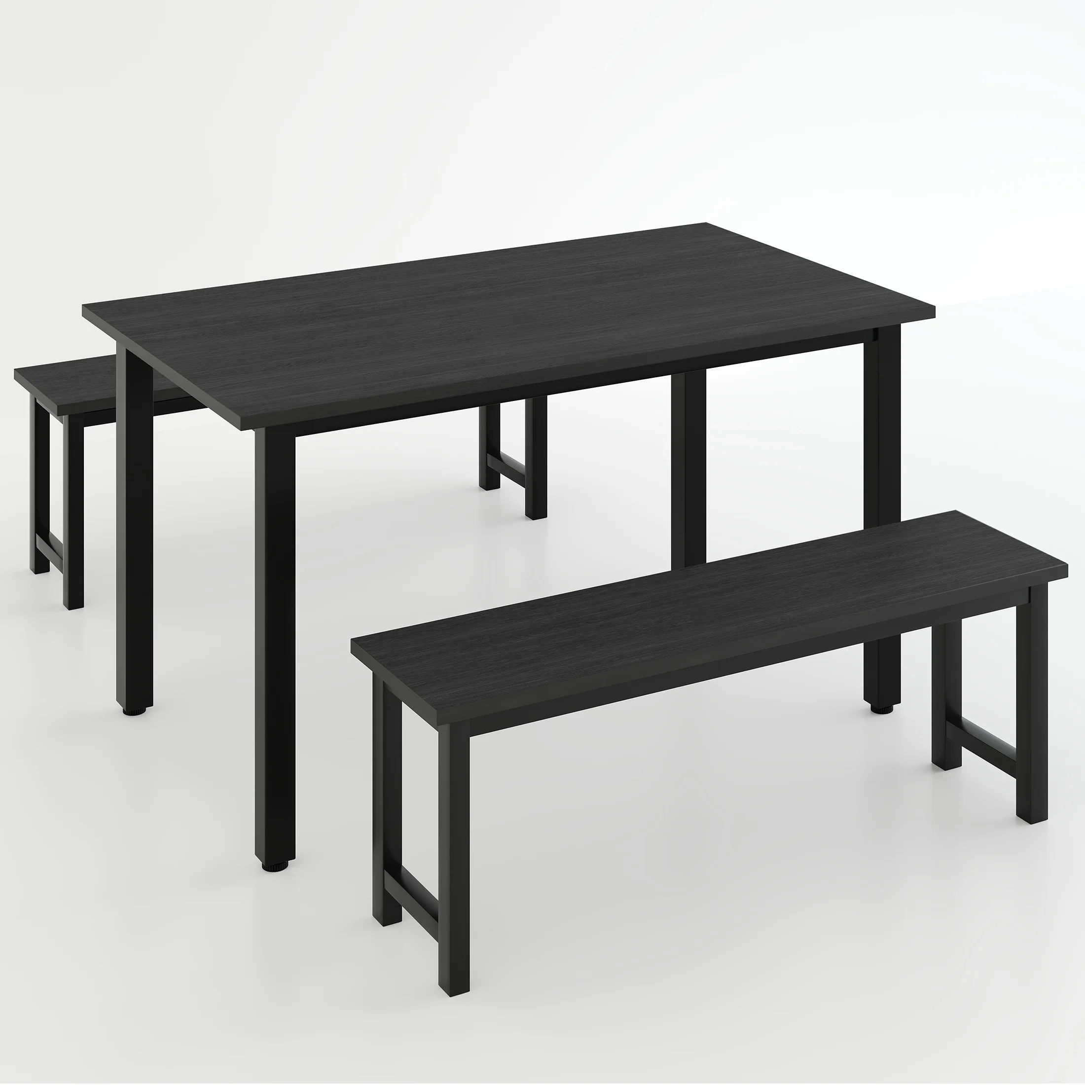 UHOMEPRO Dining Room Table Set, 3-Piece Dining Table Set with 2 Benches, Kitchen Table Set for 4 with Metal Frame, Modern Dining Room Set Furniture Set for Bar Dining Room Breakfast Nook, Black