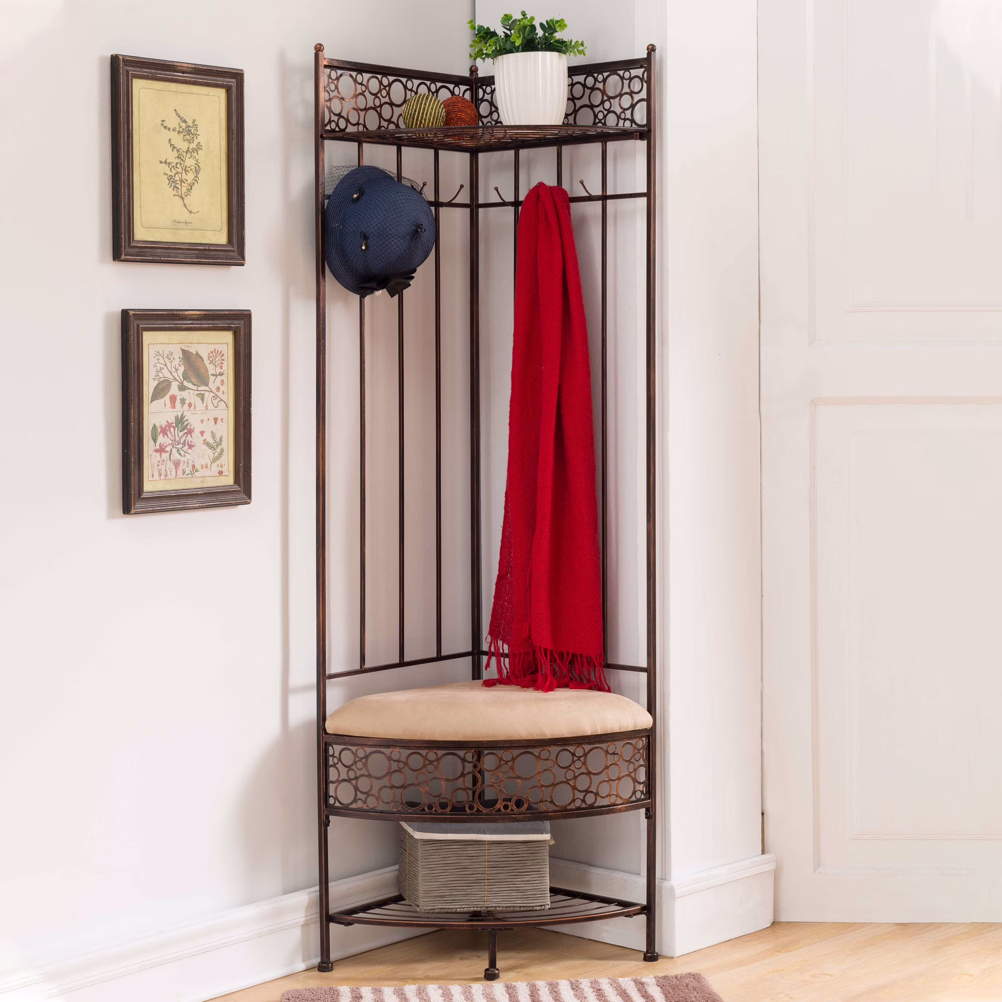 Kings Brand Furniture Brushed Copper Metal Corner Entryway Hallway Storage Bench with Coat Rack