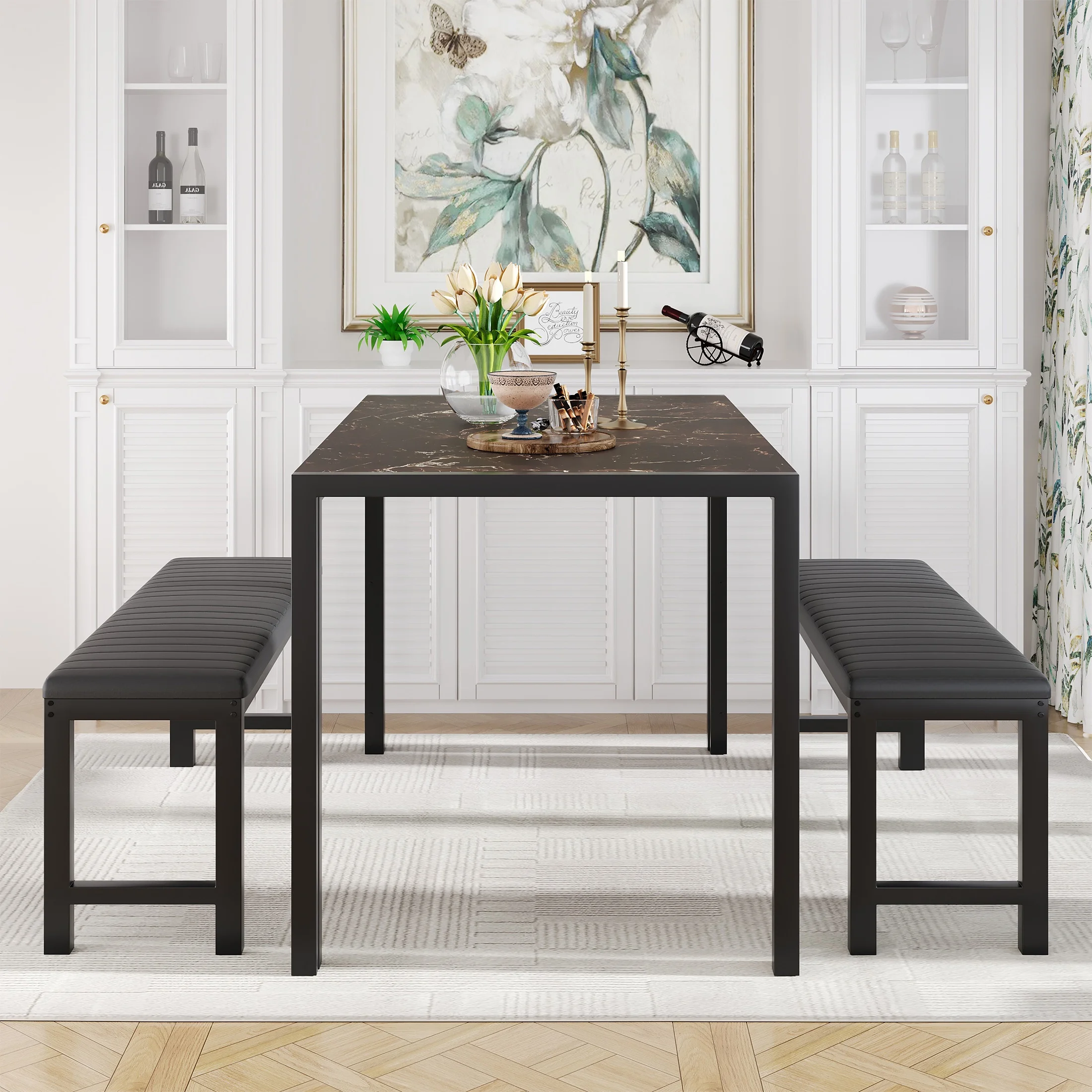 UHOMEPRO Dining Room Table Set, 3-Piece Dining Table Set with 2 Benches, Kitchen Table Set for 4 with Metal Frame, Modern Dining Room Set Furniture Set for Bar Dining Room Breakfast Nook, Black