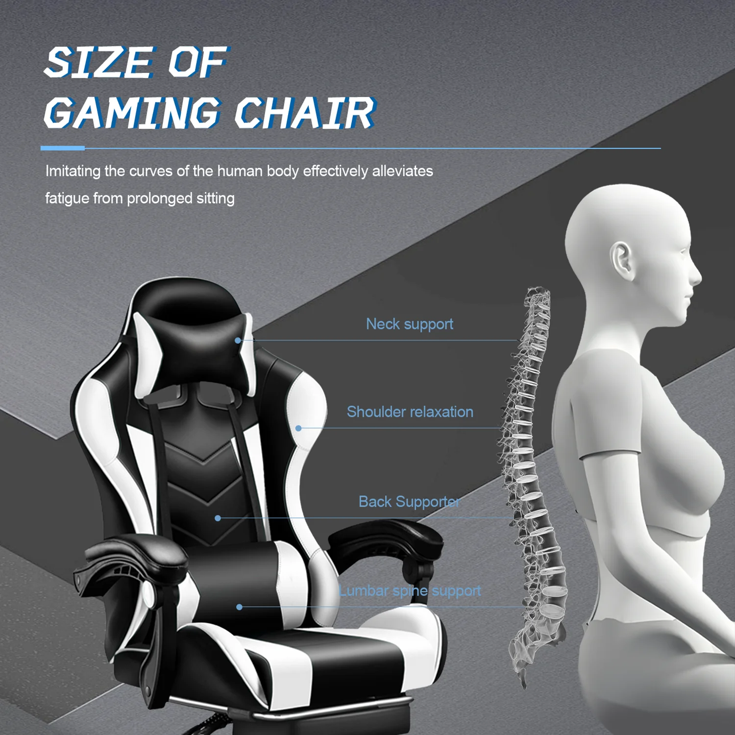 Gaming Chair with Adjustable Footrest,Eighteentek High Back Office Chair with Lumbar Support & Adjustable Headrest Video Game Chairs for Adults Black