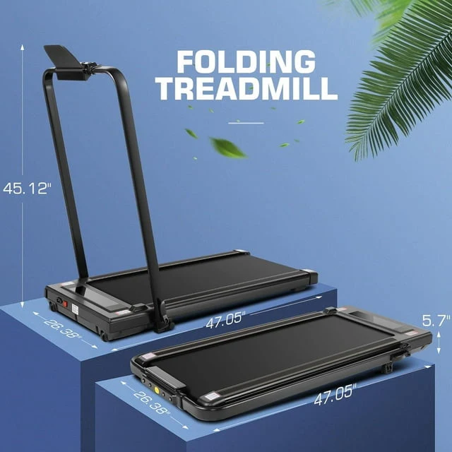 2 in 1 Folding Walking pad Treadmill, Jogging Running Under Desk Treadmill with Remote Control,Portable-Slim-Compact Treadmill for Home&Office（Black）
