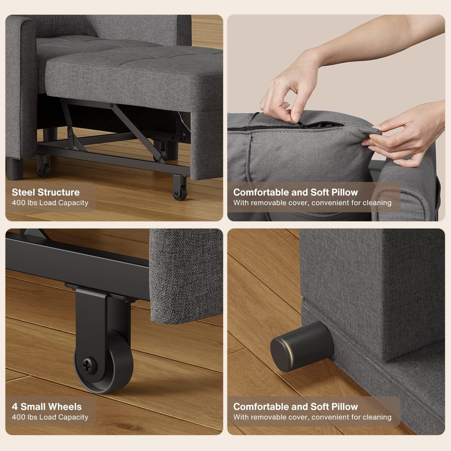 Lofka Chair Bed, Convertible Sofa Bed 3 in 1 Single Sleeper Bed for Bedroom & Living Room, Metal Frame, Dark Gray