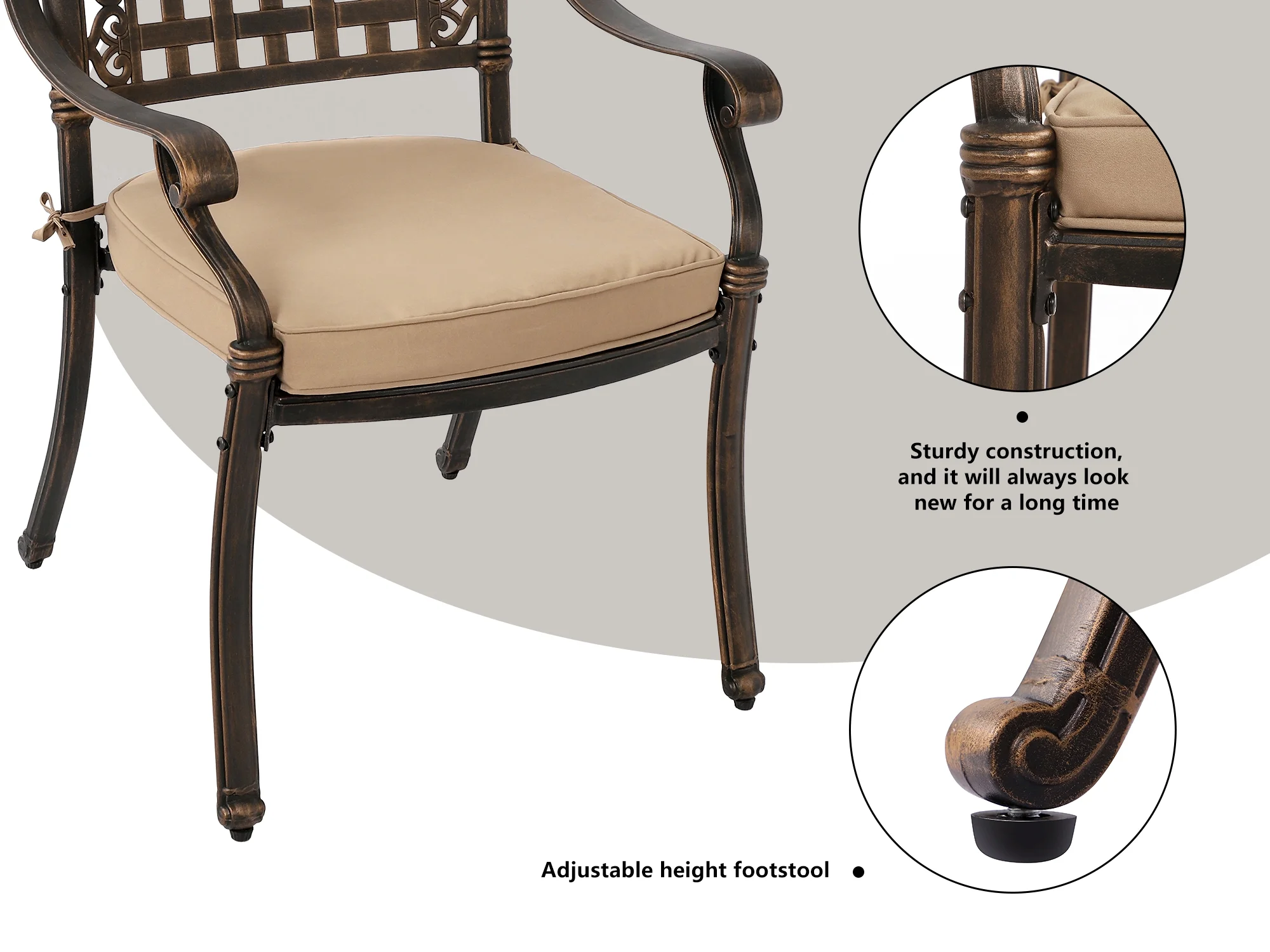 7-Piece Outdoor Furniture Dining Set, Cast Aluminum Patio Conversation Set with Table, 6 Chairs and Khaki Cushions