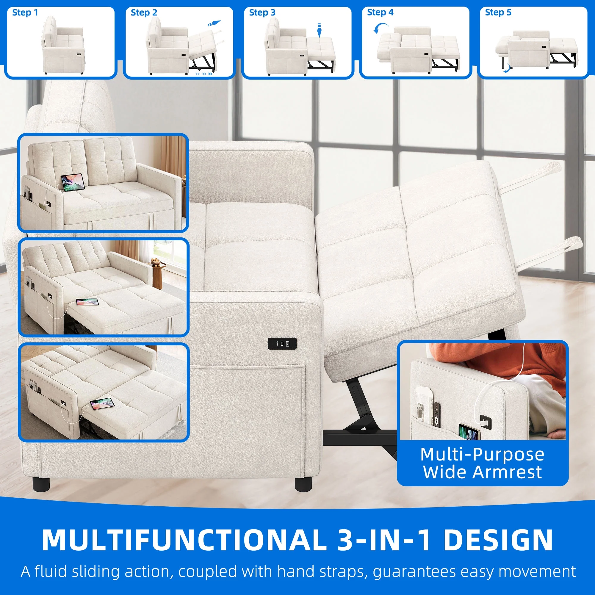 Dextrus  3-in-1 Convertible Futon Sofa Bed, Modern Sleeper Sofa with Pull-Out Bed for Small Place, Beige