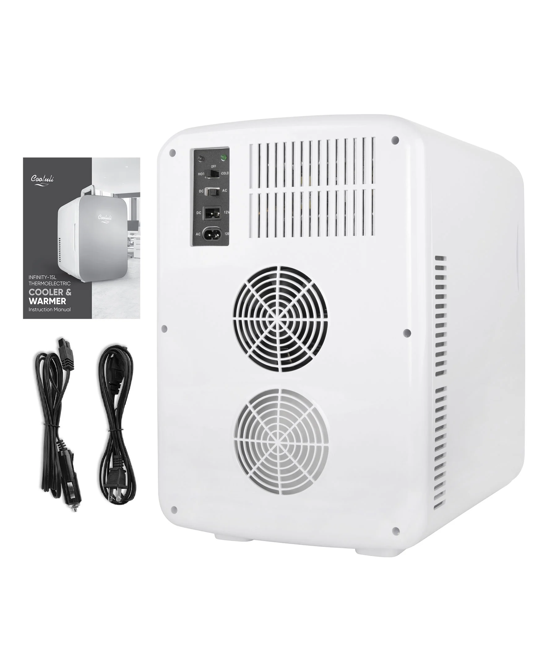 Cooluli Infinity Black 15 Liter Compact Portable Cooler Warmer Mini Fridge for Bedroom, Office, Dorm, Car - Great for Skincare & Cosmetics (110-240V/12V)