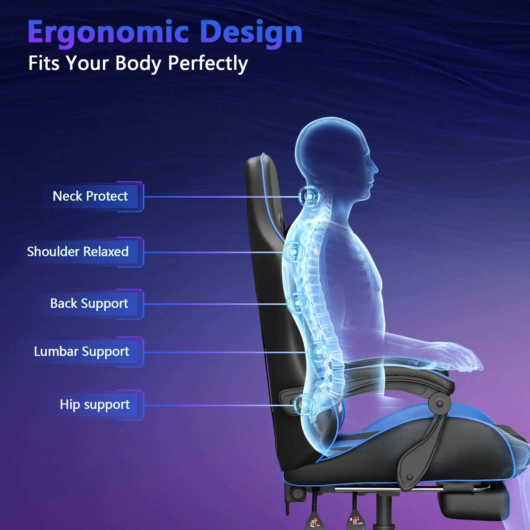 Mr IRONSTONE Office Gaming Chair with Footrest & Lumbar Support, Ergonomic Adjustable Computer Chair with Swivel Seat & Headrest, Blue