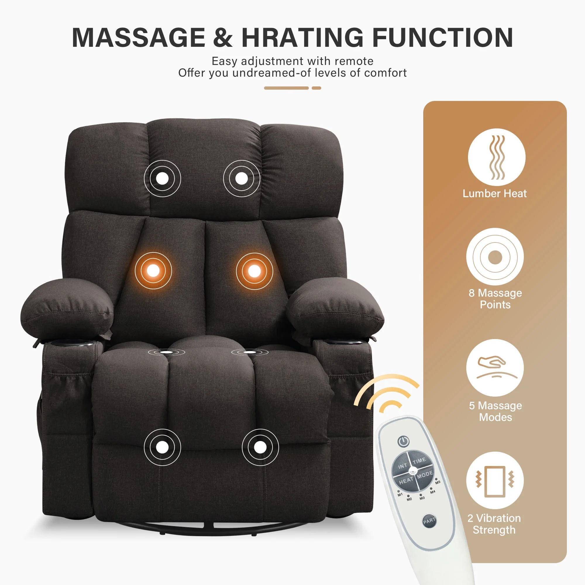 JONPONY Manual Recliner Chair with Heat Therapy and Massage Function, Heavy Duty Reclining Mechanism Massage Chair, Elderly Single Rocker Sofa with Cup Holders for Bedroom Home Theater,Grey