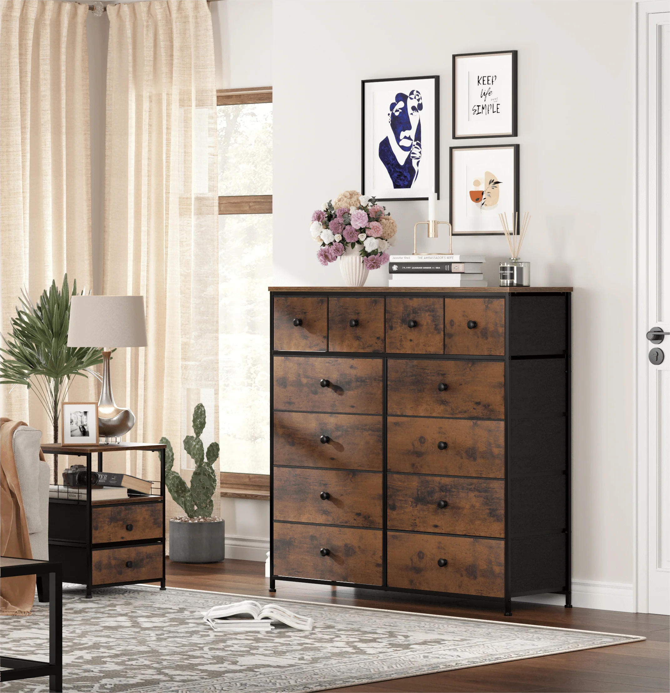 EnHomee Dressers for Bedroom Dresser with 12 Fabric Drawers,Bedroom Furniture Large Dressers&Chests of Drawers with Wood Top Metal Frame, 8+4Drawers Rustic Brown