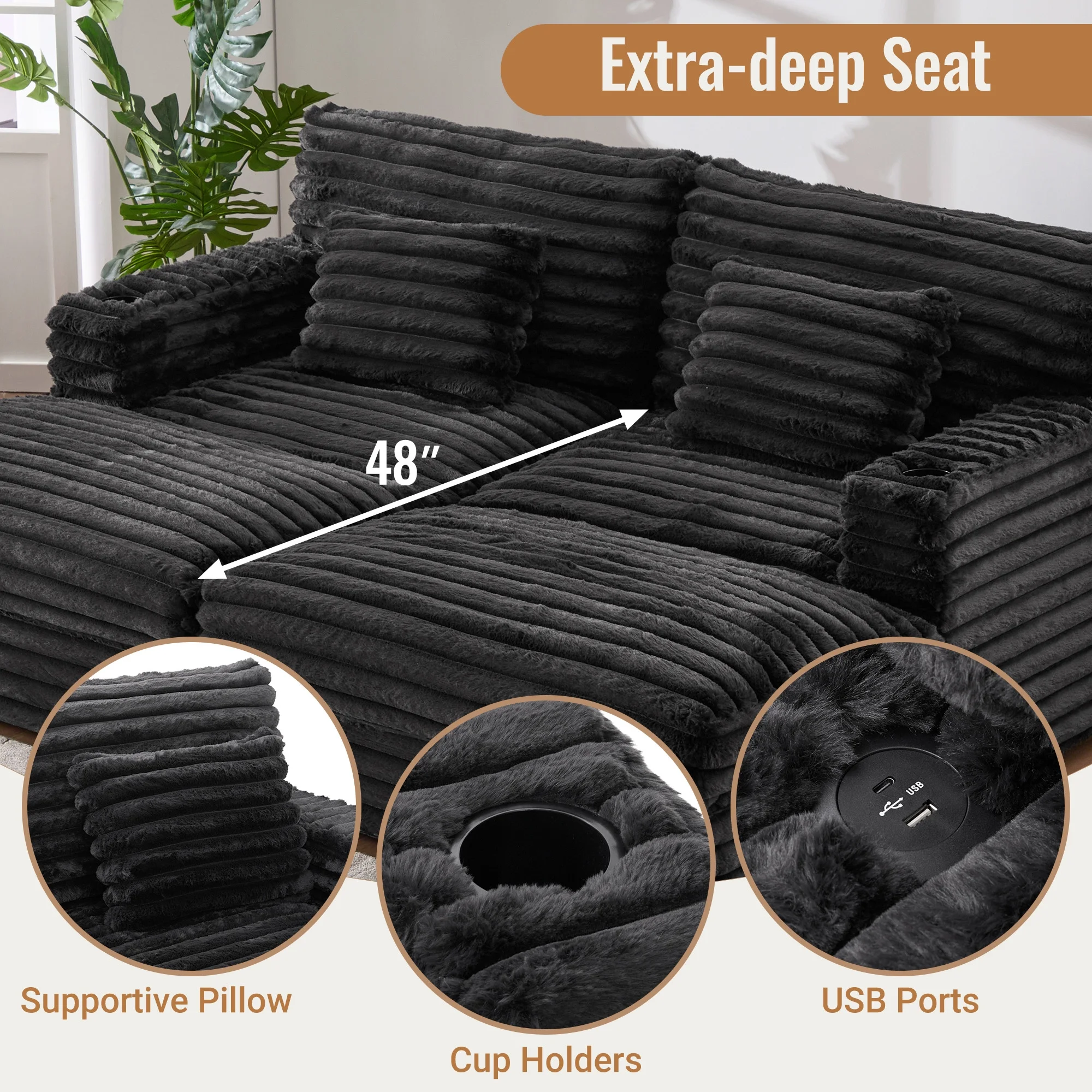 Oversized Double Chaise Lounge, Faux Fur Upholstered Deep Seat Sofa with 2 Pillows, 2 Cupholders, and Dual USB Ports