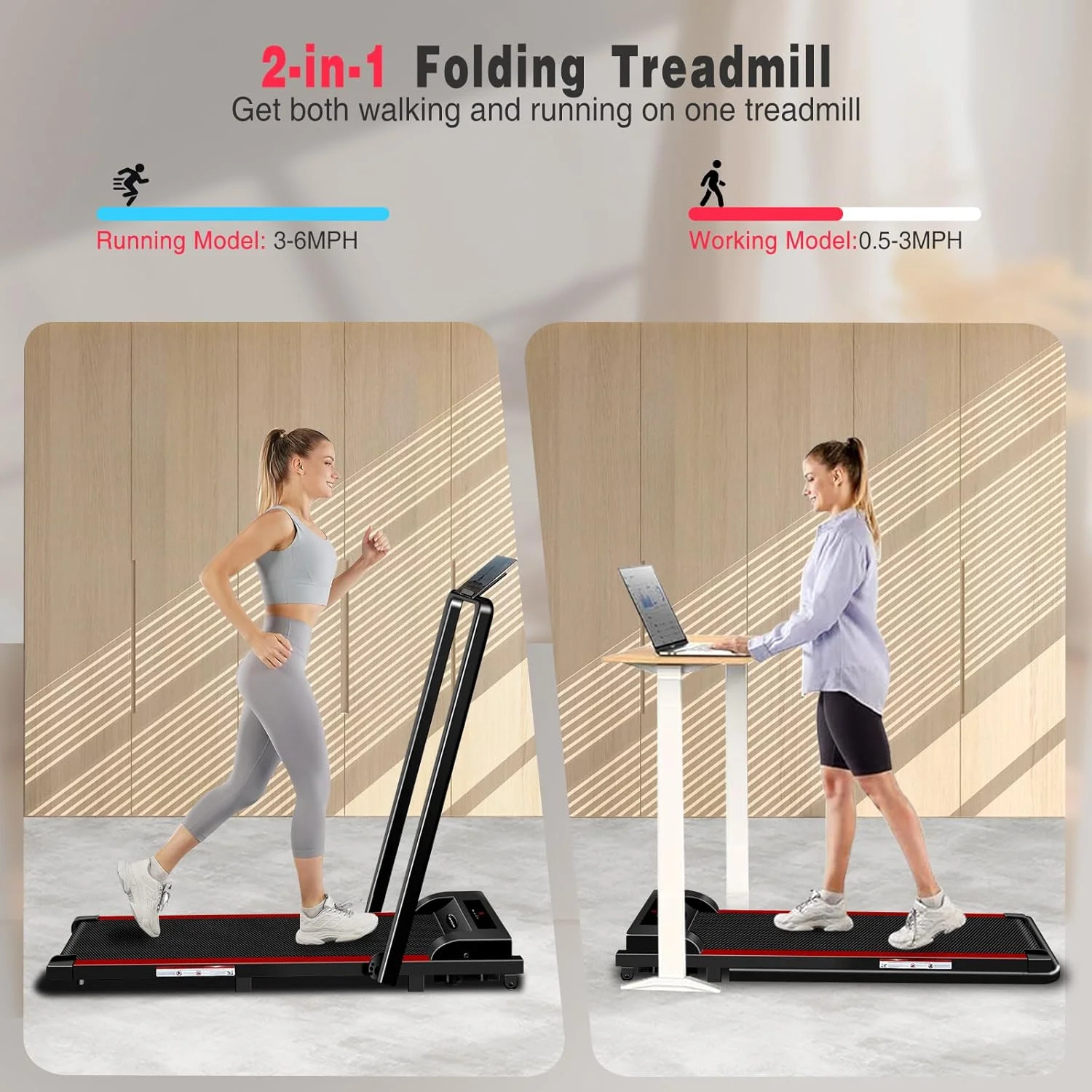 2 in 1 Walking Pad Treadmill, Foldable Treadmills with Handle Bar, 2.5HP Portable Folding Treadmill with Remote Control, Under Desk Treadmill for Home Office, 300lbs, Black