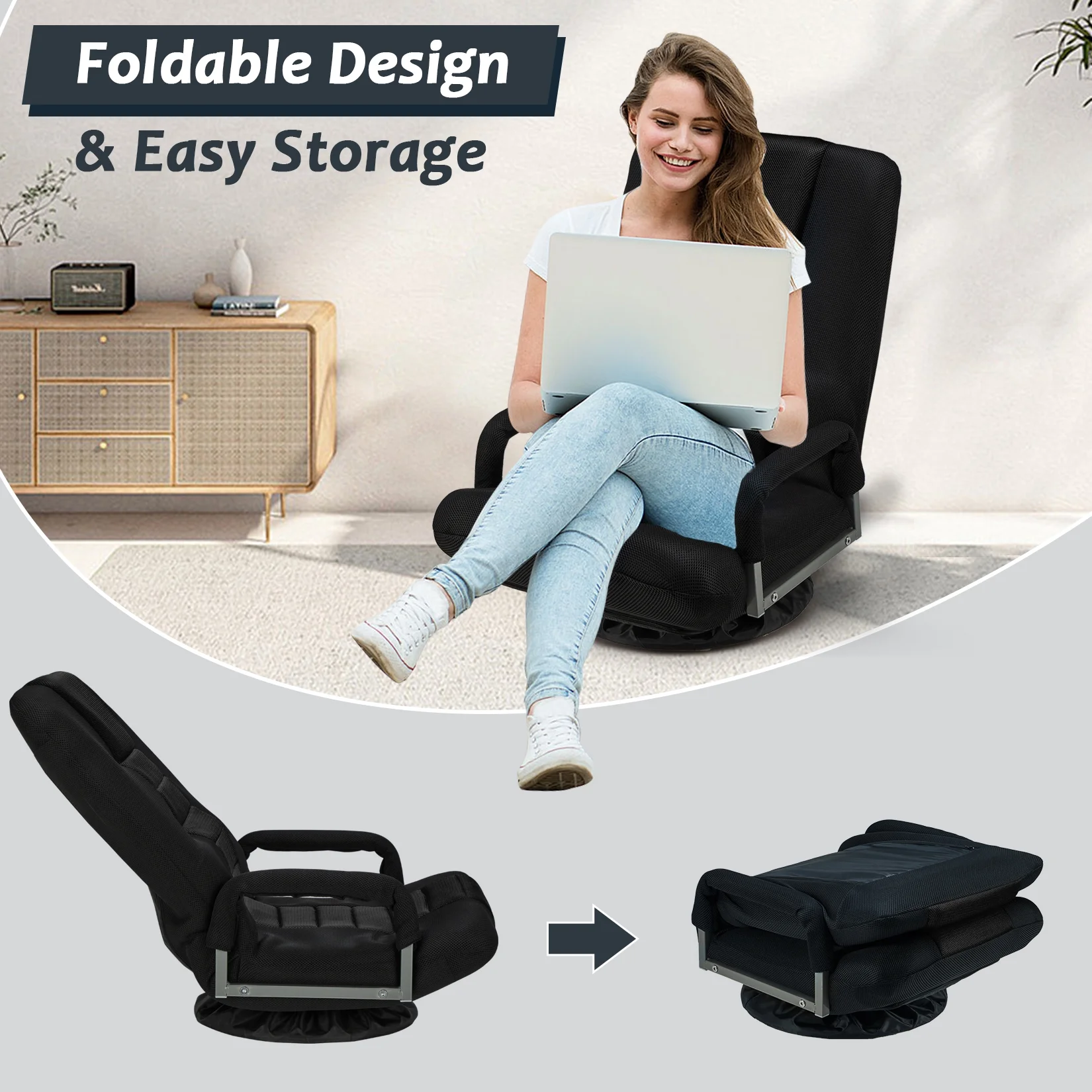 Avocahom Swivel Gaming Floor Chair w/ Armrest Handles, No Assembly gaming chair rocker, Folding Reclining Sofa w/6 Position Adjustable Backrest for Video Games, Watching TV, Reading,Blue