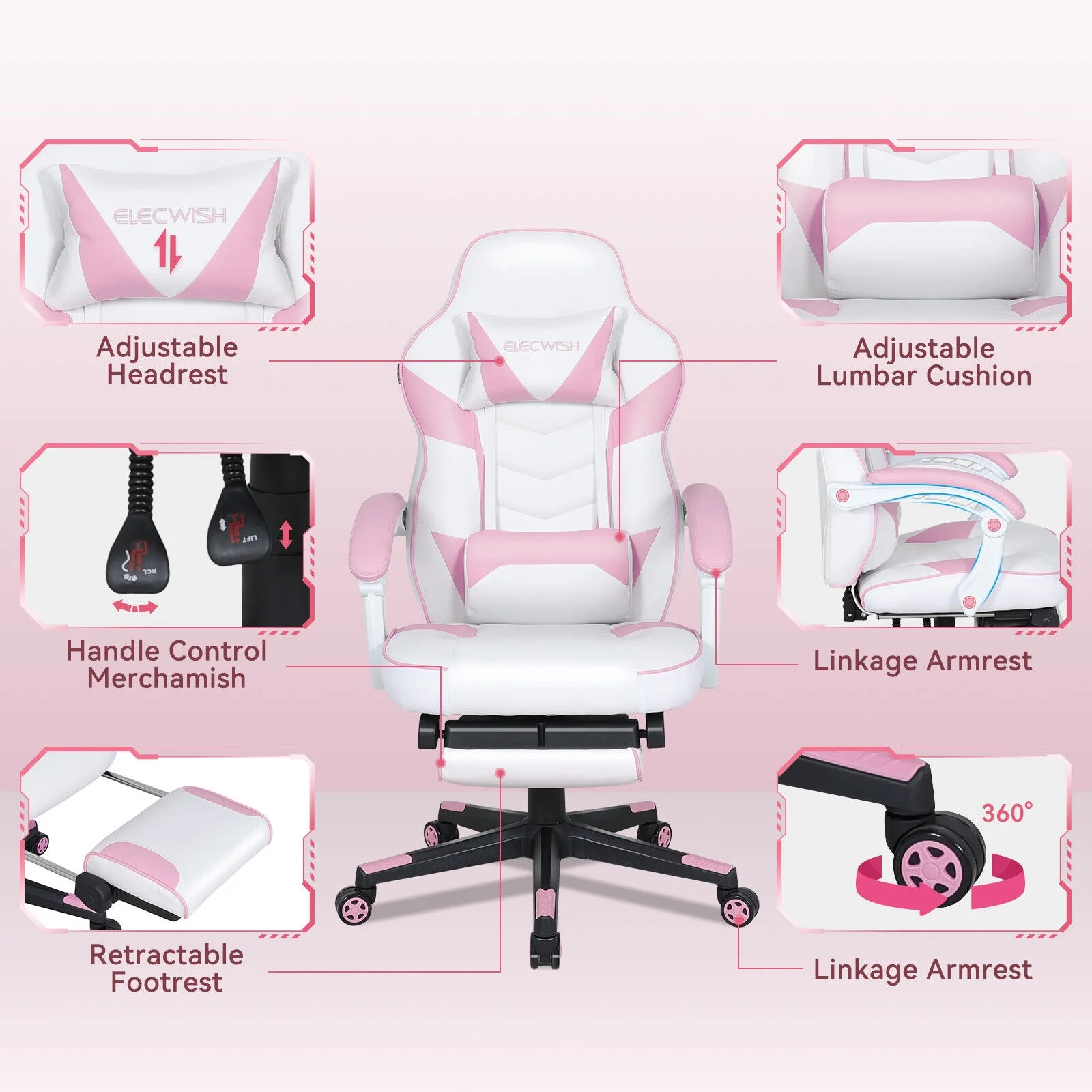Elecwish Adjustable & Ergonomic Swivel Gaming Chair, White