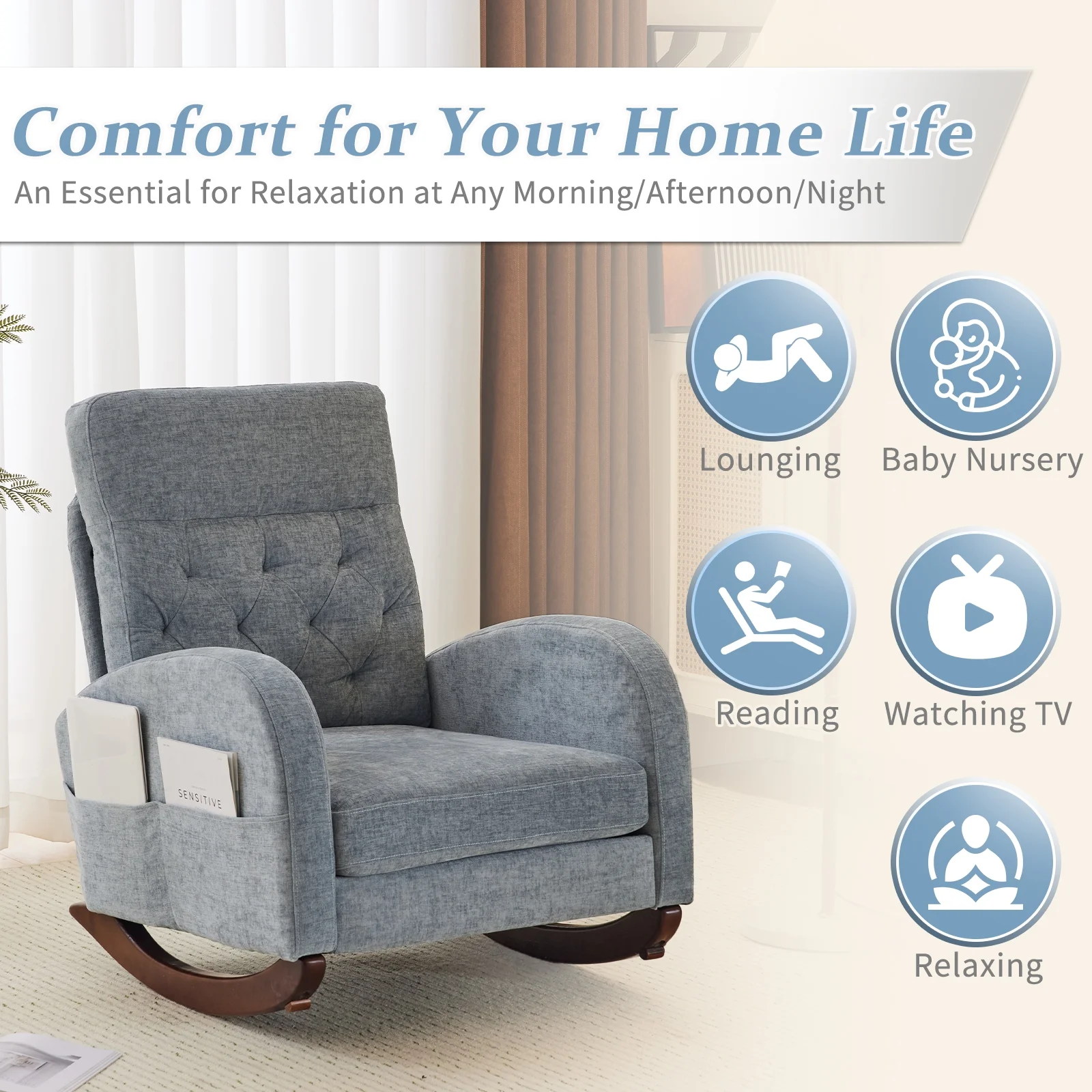 Ktaxon Rocking Accent Chair Glider Reading Chair Comfy Teddy Velvet Upholstered Single Sofa Rocker for Living Room, Nursery, Bedroom Beige