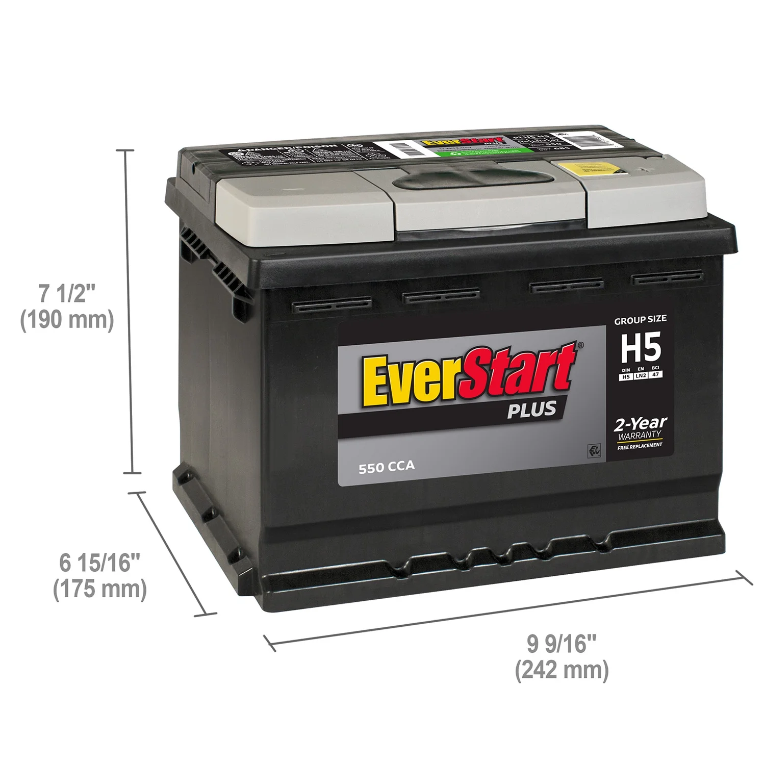EverStart Plus Lead Acid Automotive Battery, Group Size H5 / LN2 / 47 12 Volt, 550 CCA 80RC