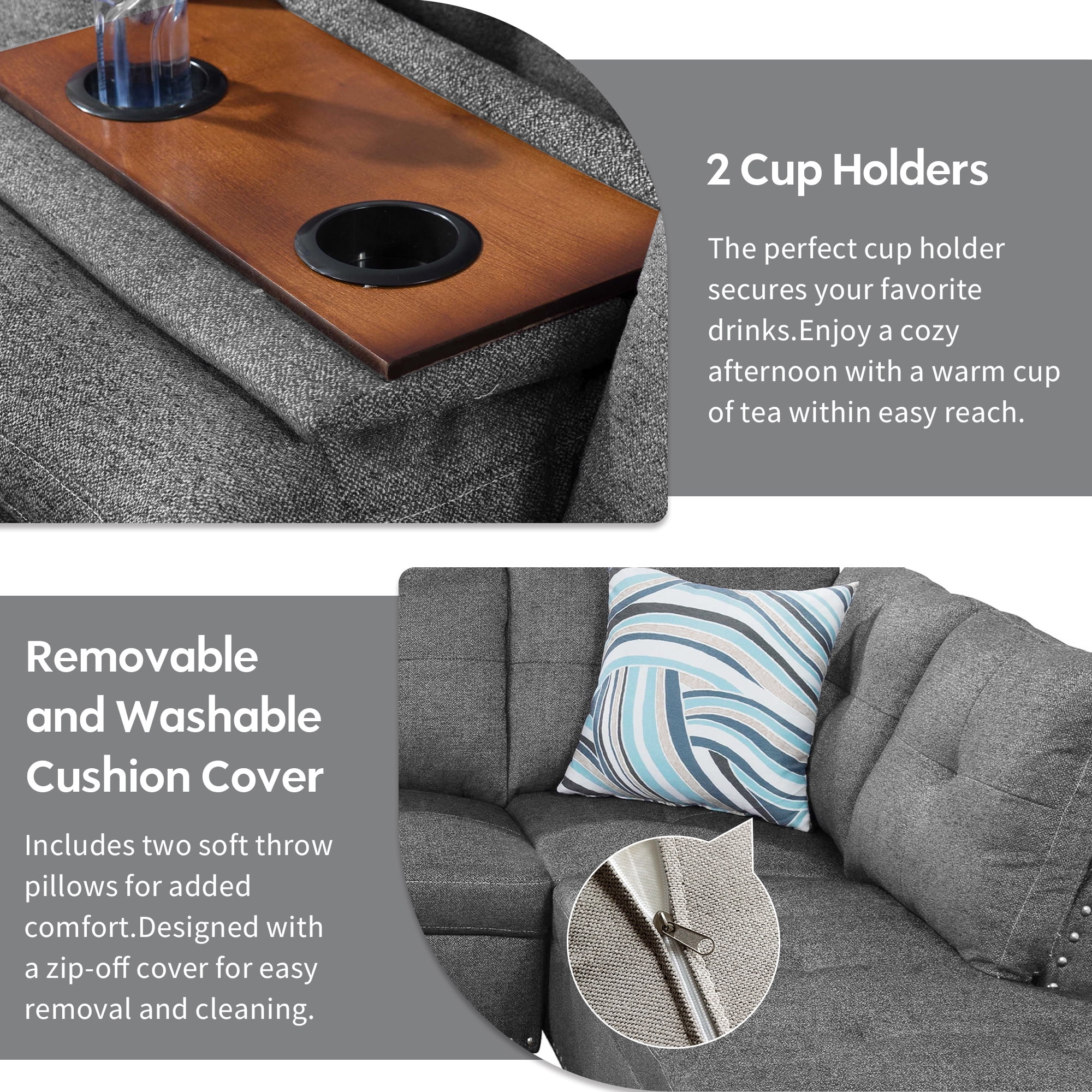 Aukfa 3 Piece Sectional Sofa, Living Room Couch with Storage Ottoman&Cup Holder, Linen, Left Hand, Black Gray