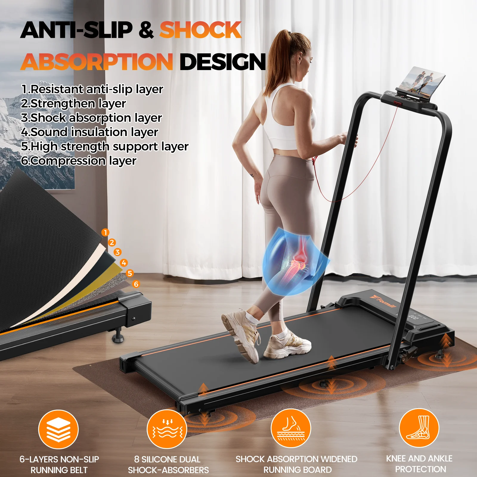 Treadmill 2 in 1 for Home/Office,Patbrela 300 Lbs Walking Pad Treadmill with HandleBar,Under Desk Treadmill with Mat, Touch Control,LED Display & Remote Control