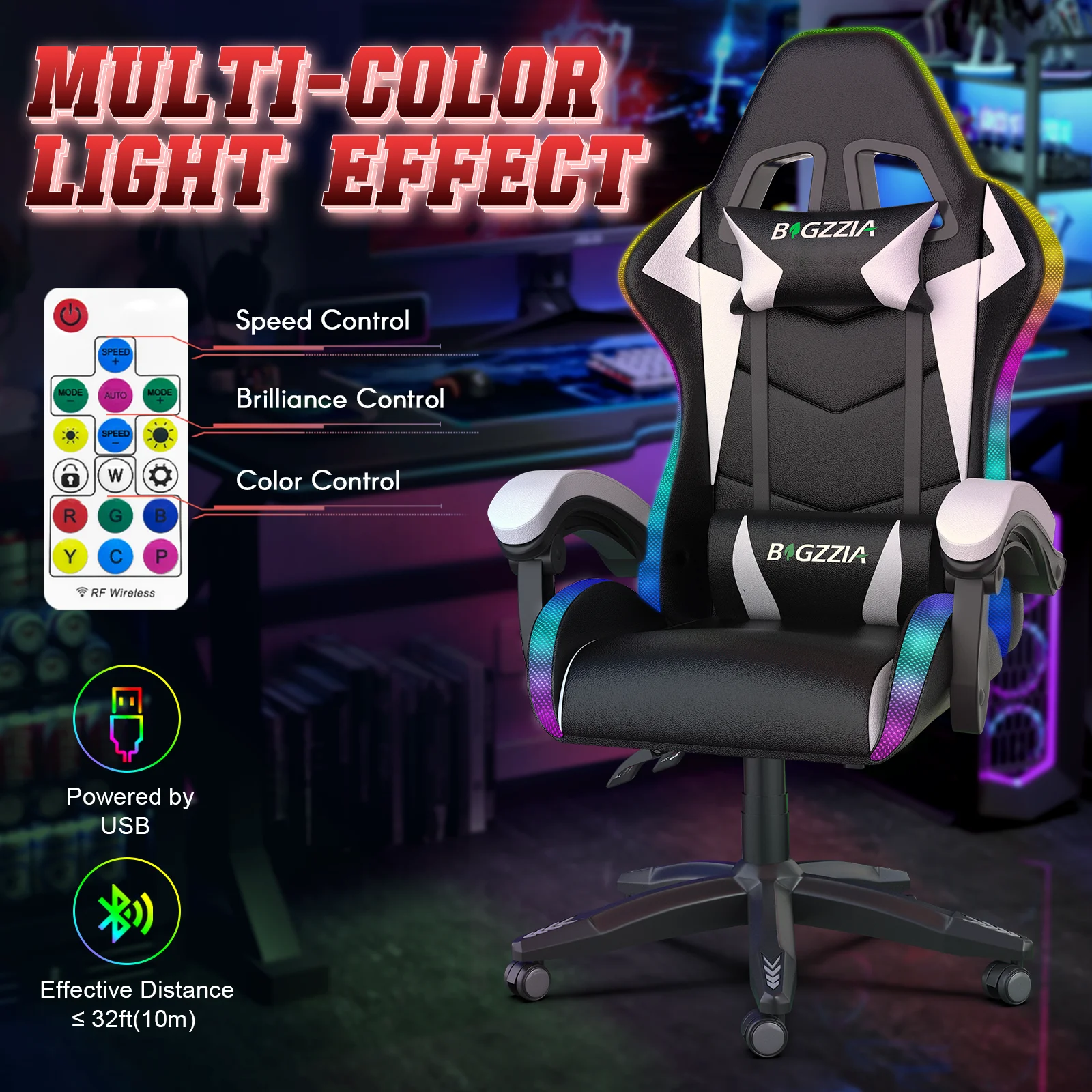Bigzzia Gaming Chair with LED Lights Ergonomic Office Chair for Adults and Kids - Adjustable Height, 360�� Swivel, Headrest Support, Mesh PU Leather, Black & Green