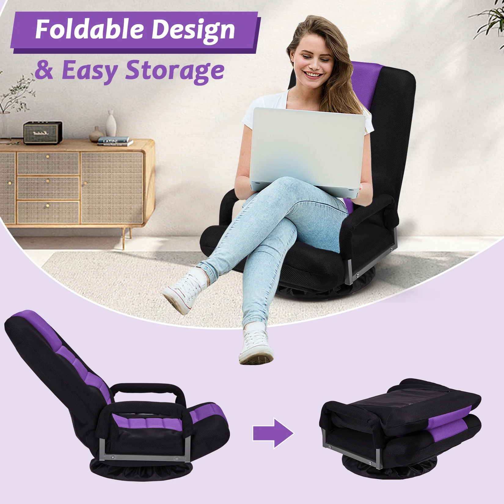 Avocahom Swivel Gaming Floor Chair w/ Armrest Handles, No Assembly gaming chair rocker, Folding Reclining Sofa w/6 Position Adjustable Backrest for Video Games, Watching TV, Reading,Blue