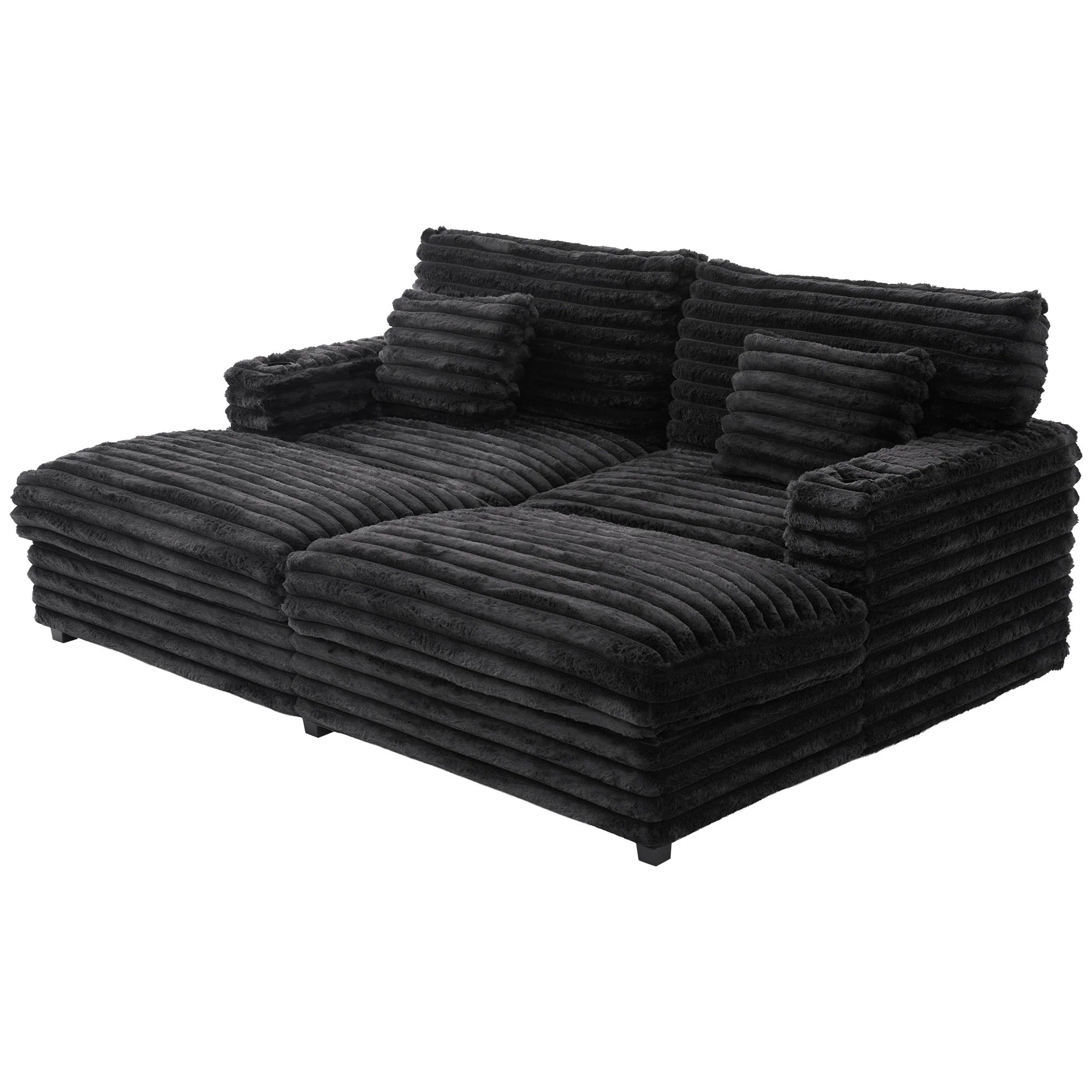 Oversized Double Chaise Lounge, Faux Fur Upholstered Deep Seat Sofa with 2 Pillows, 2 Cupholders, and Dual USB Ports