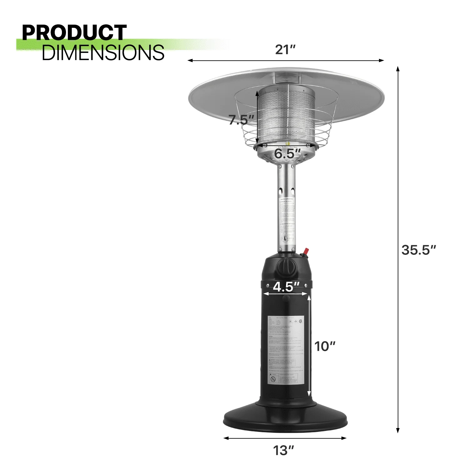Magshion 11,000 BTU Stainless Steel Patio Heater Portable Propane Gas Standing Tabletop Patio Heater with Pilot Light for Outside Garden, Black