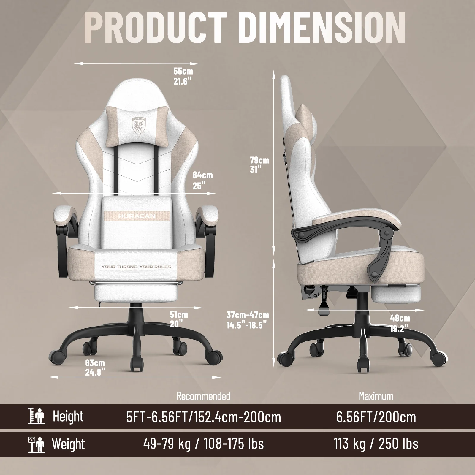 SOONTRANS Gaming Chair for Adults, Ergonomic Linen Fabric Computer Chair with Massage Lumbar Pillow, Gamer Game Chair with Adjustable Headrest, Comfortable Office Chair for Home, White