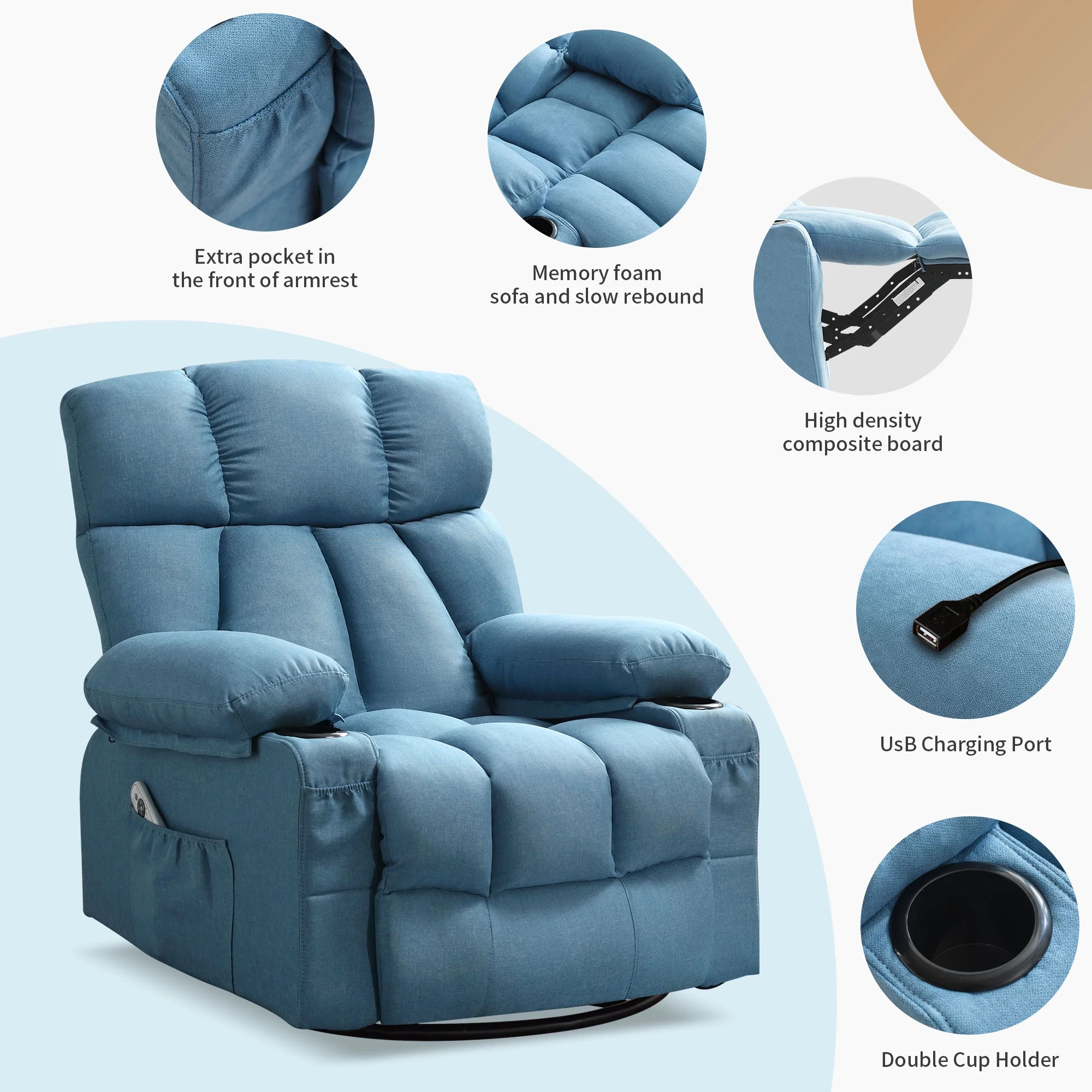 JONPONY Manual Recliner Chair with Heat Therapy and Massage Function, Heavy Duty Reclining Mechanism Massage Chair, Elderly Single Rocker Sofa with Cup Holders for Bedroom Home Theater,Grey