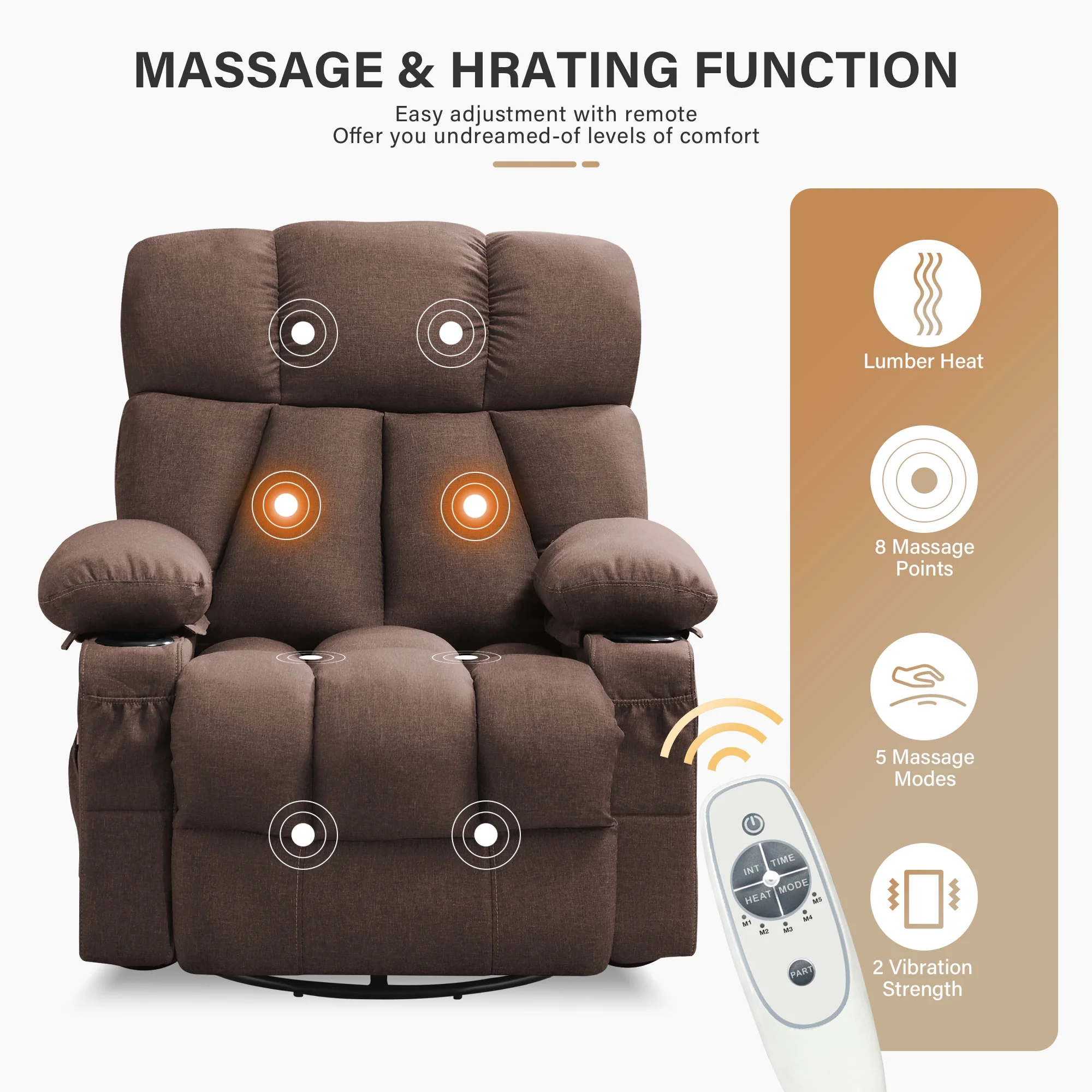 JONPONY Manual Recliner Chair with Heat Therapy and Massage Function, Heavy Duty Reclining Mechanism Massage Chair, Elderly Single Rocker Sofa with Cup Holders for Bedroom Home Theater,Grey