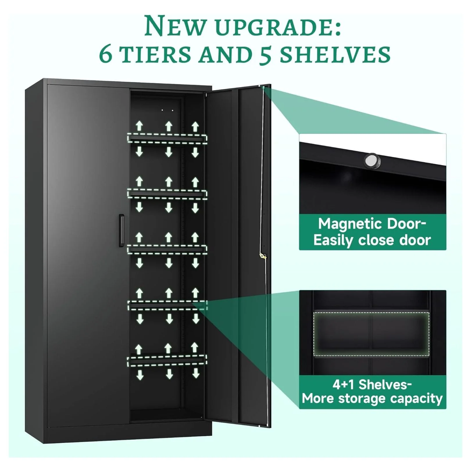 KriKac Metal Storage Cabinets with Lock Doors,Tall Locker Organizer Steel Garage Cabinets, 5 Adjustable Layers Shelves for Home, Office, Warehouse,Tool,Industrial(Black)