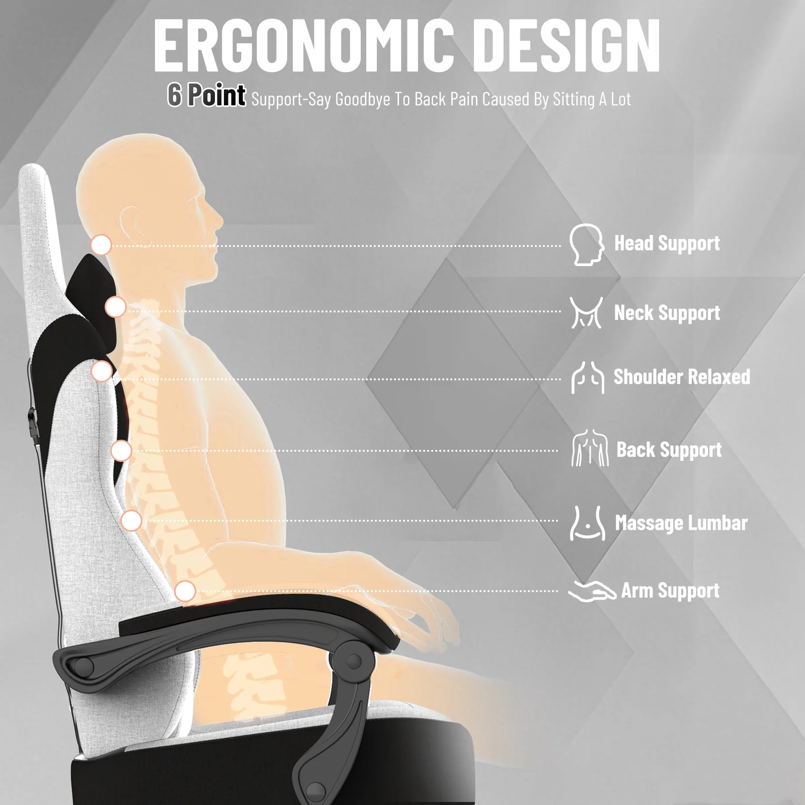 SOONTRANS Gaming Chair for Adults, Ergonomic Linen Fabric Computer Chair with Massage Lumbar Pillow, Gamer Game Chair with Adjustable Headrest, Comfortable Office Chair for Home, White