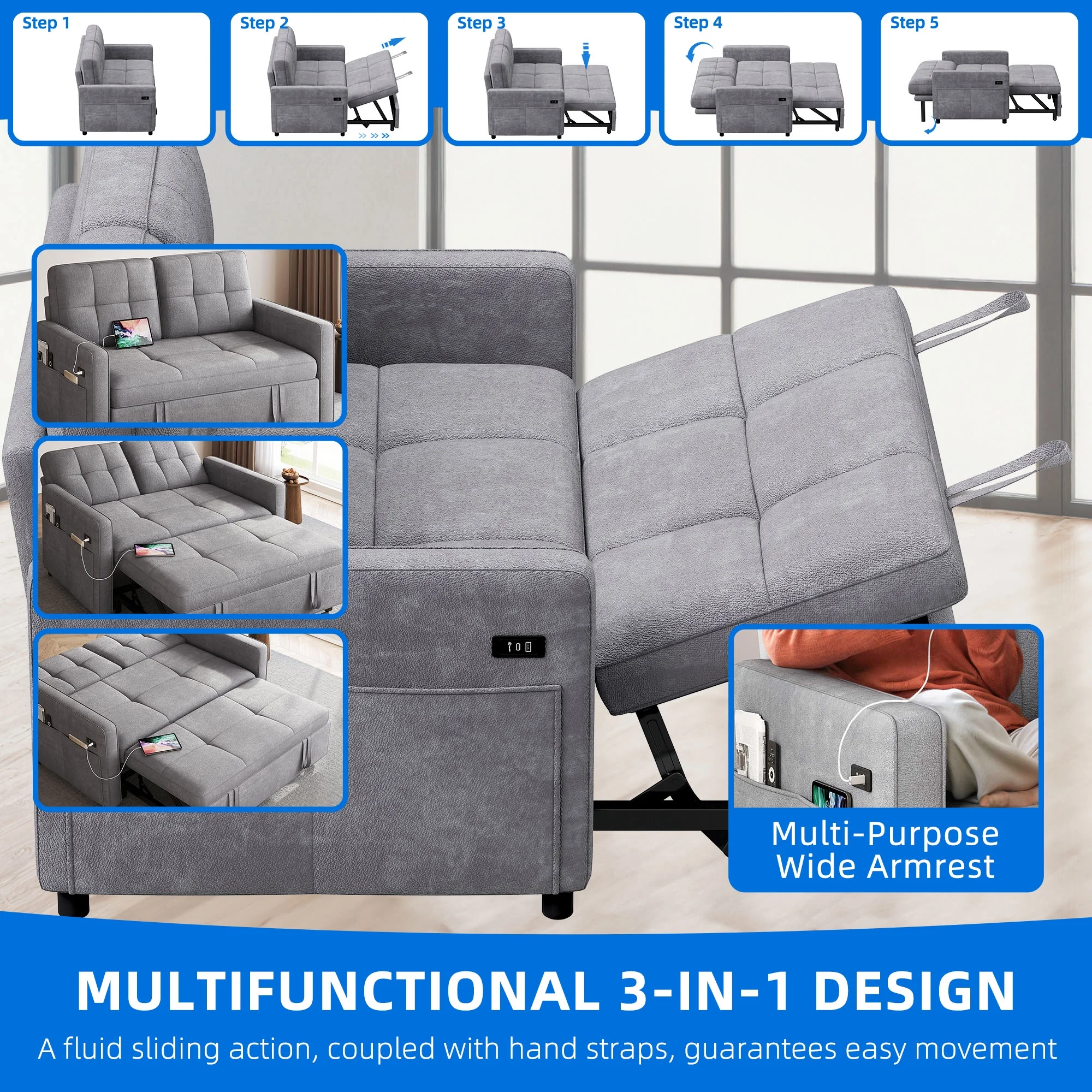 Dextrus  3-in-1 Convertible Futon Sofa Bed, Modern Sleeper Sofa with Pull-Out Bed for Small Place, Beige